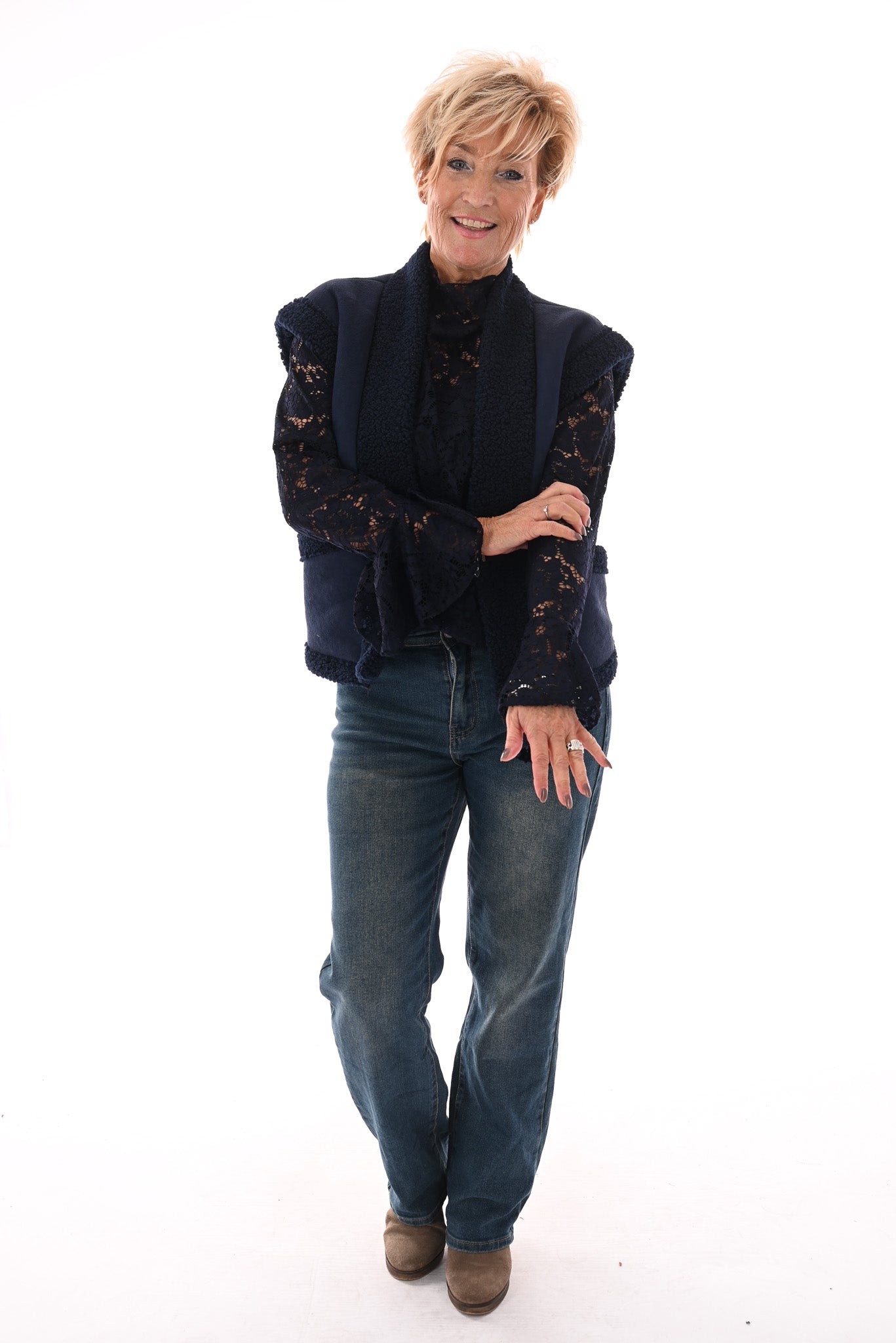Gilet suede en teddy marineblauw