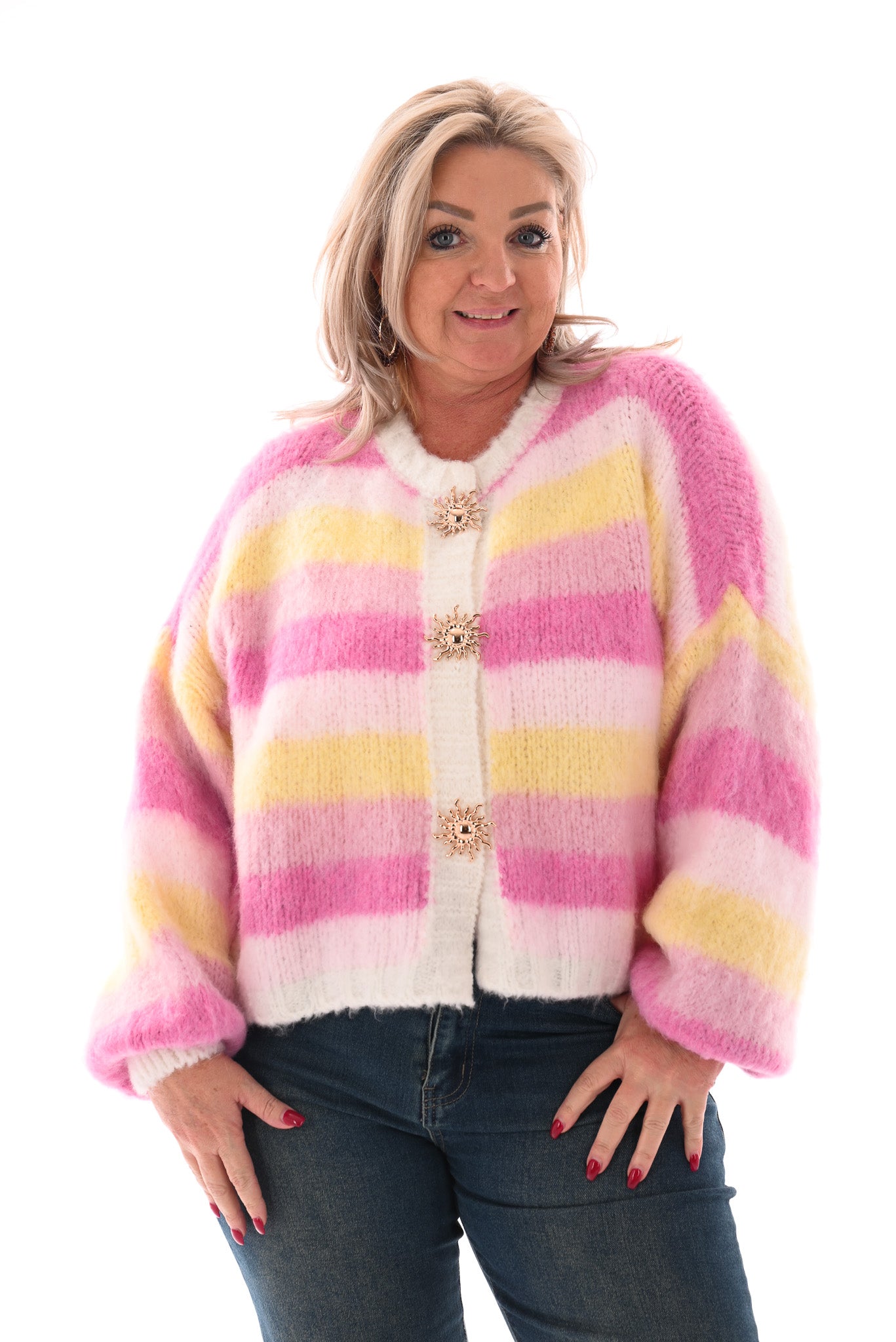 Gestreept vest met brocheknopen lichtgeel/roze