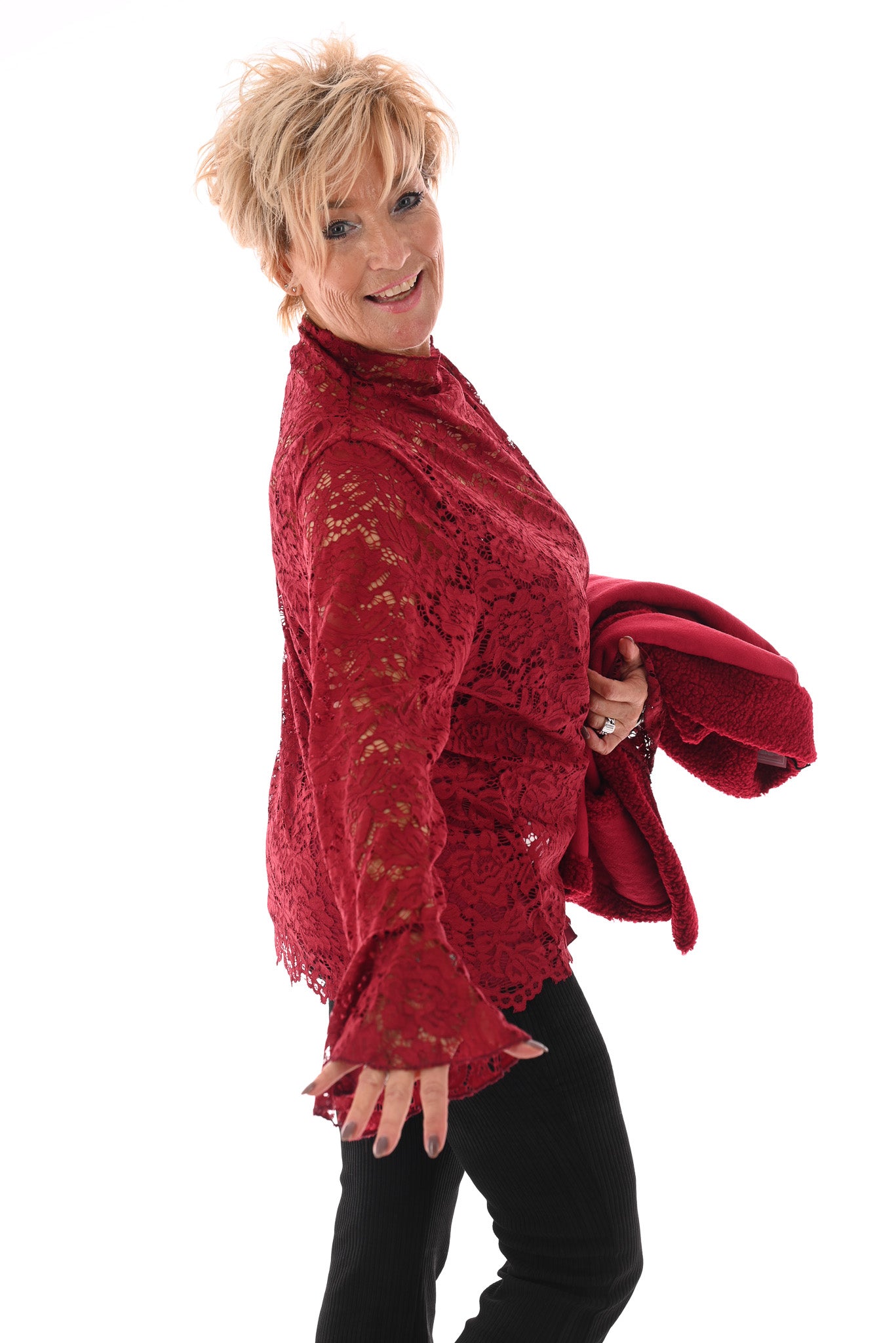 Kanten top trompetmouwen bordeaux
