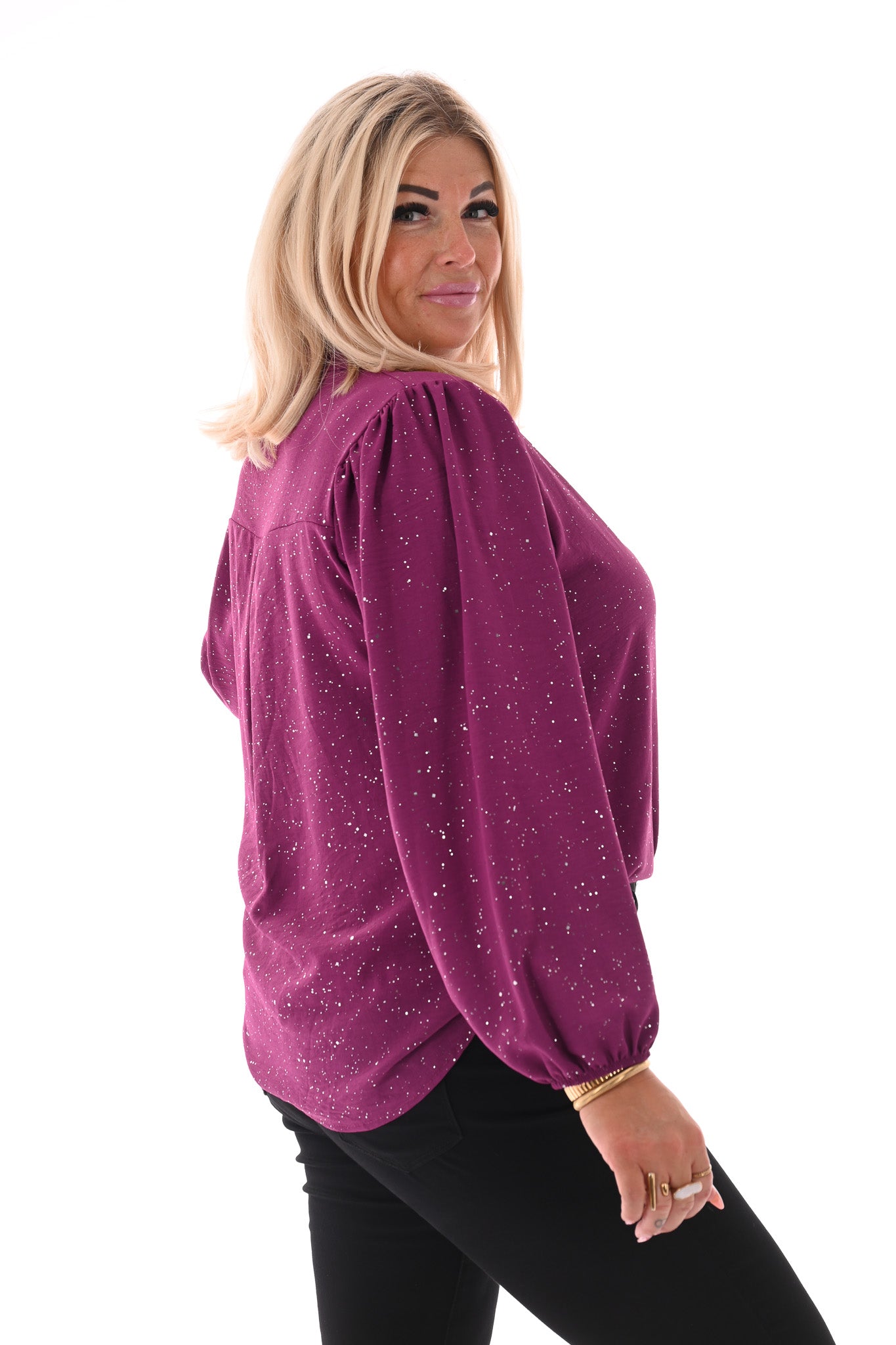 Top lange mouwen v-hals glitter cyclaam