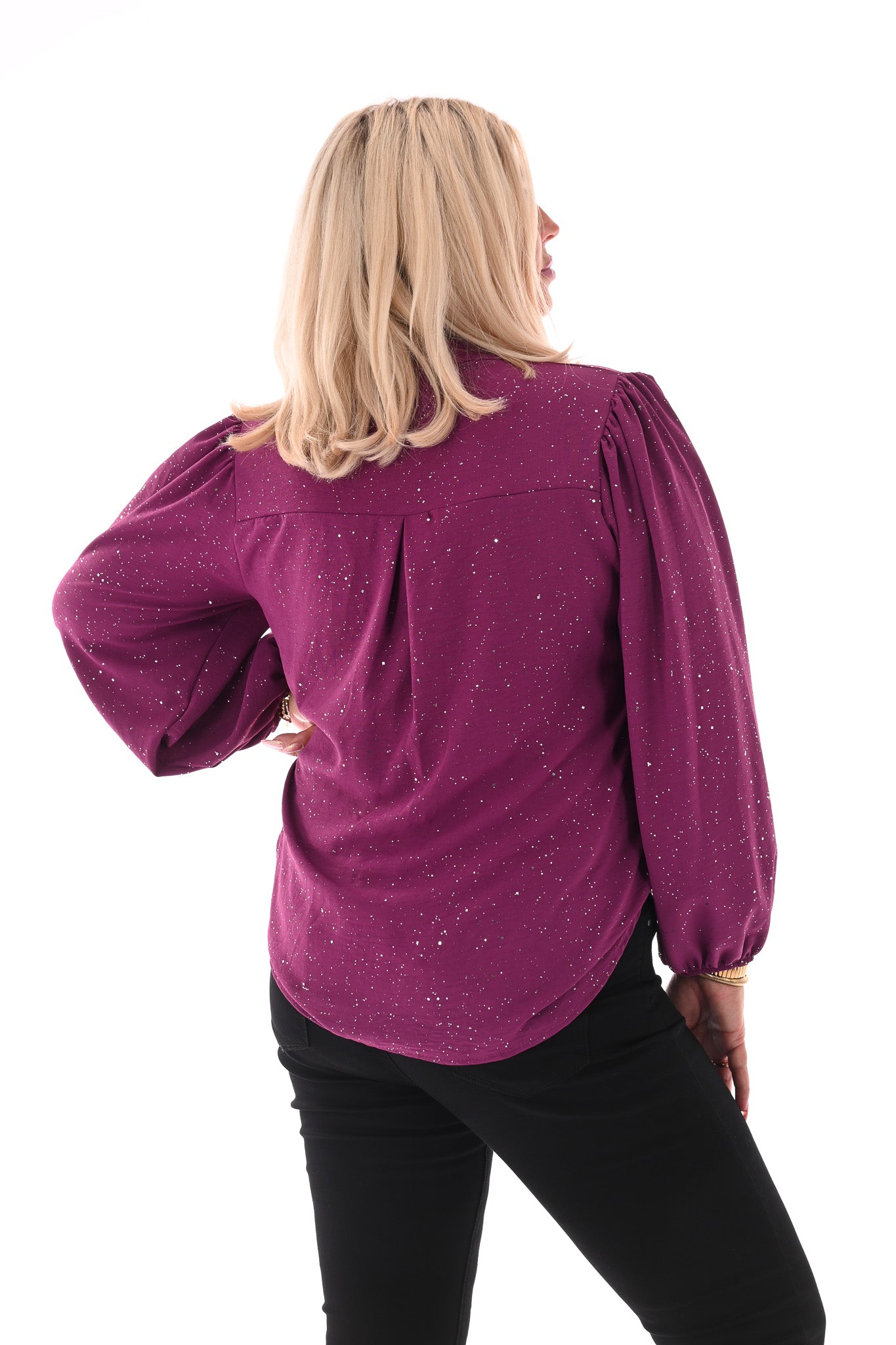 Top lange mouwen v-hals glitter cyclaam