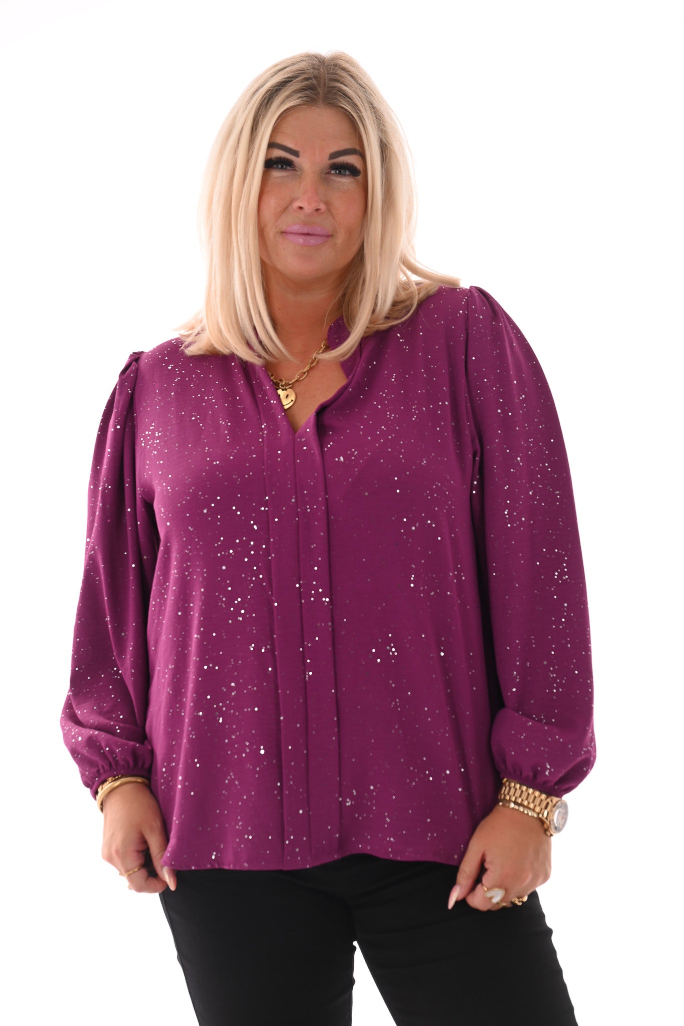 Top lange mouwen v-hals glitter cyclaam