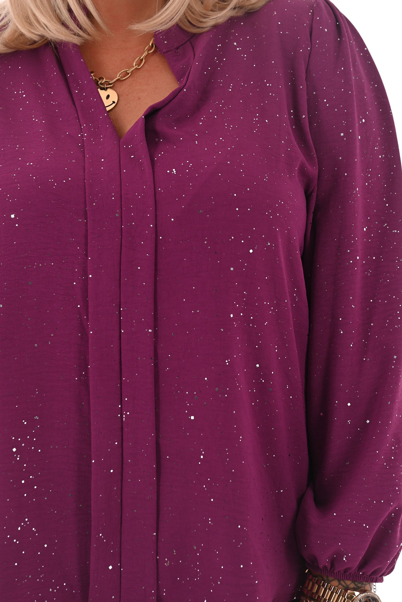 Top lange mouwen v-hals glitter cyclaam
