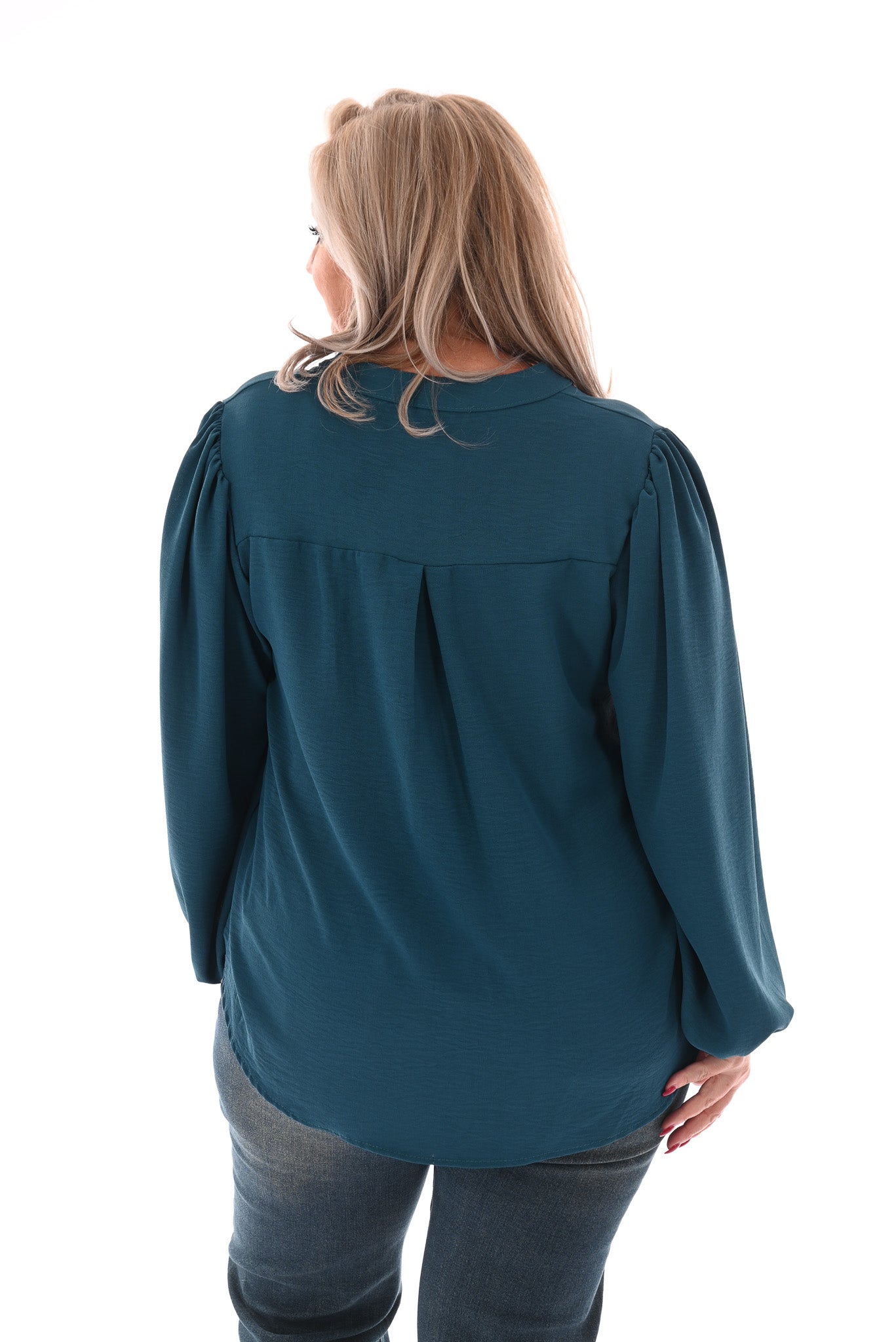 Top lange mouwen v-hals uni petrol