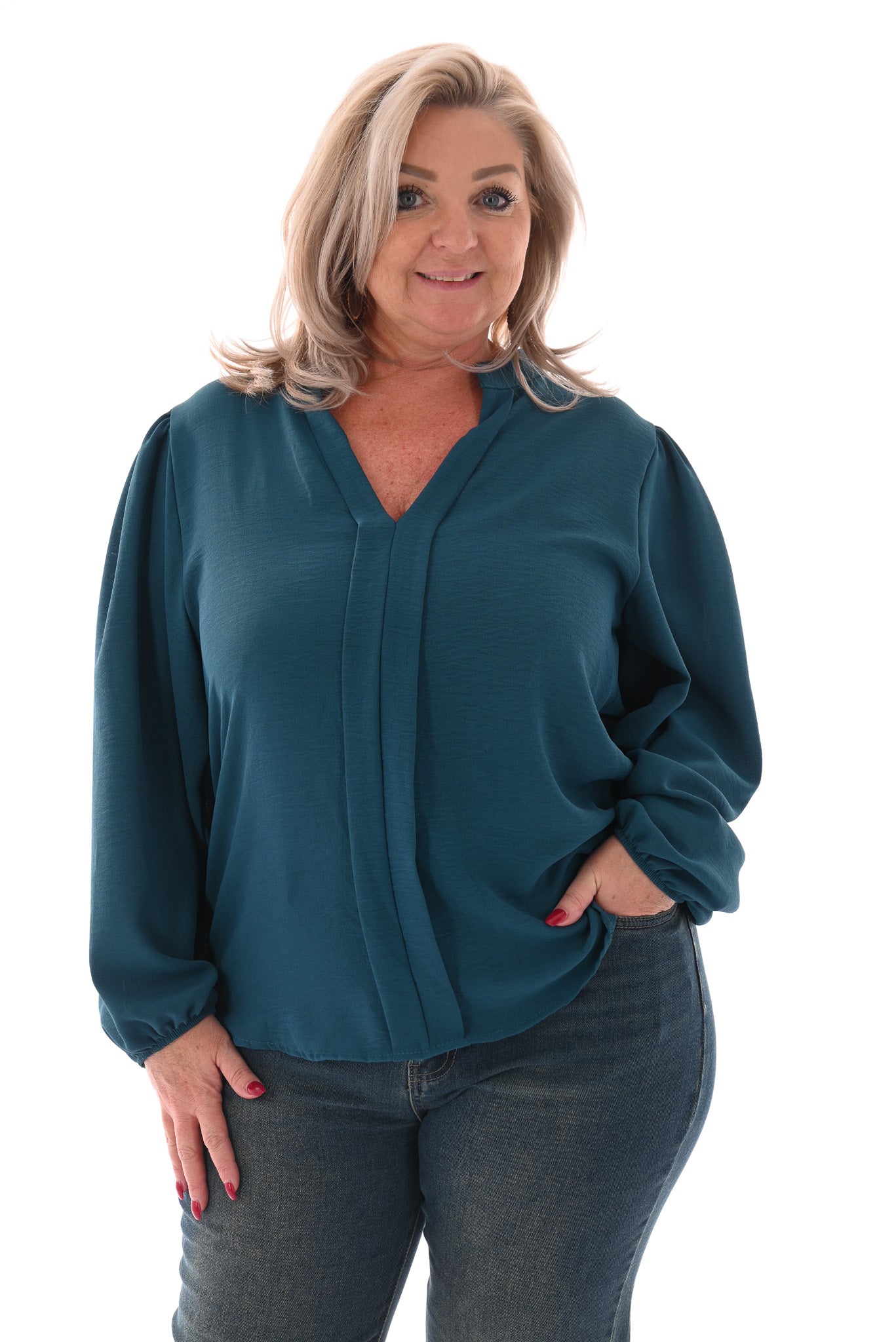 Top lange mouwen v-hals uni petrol