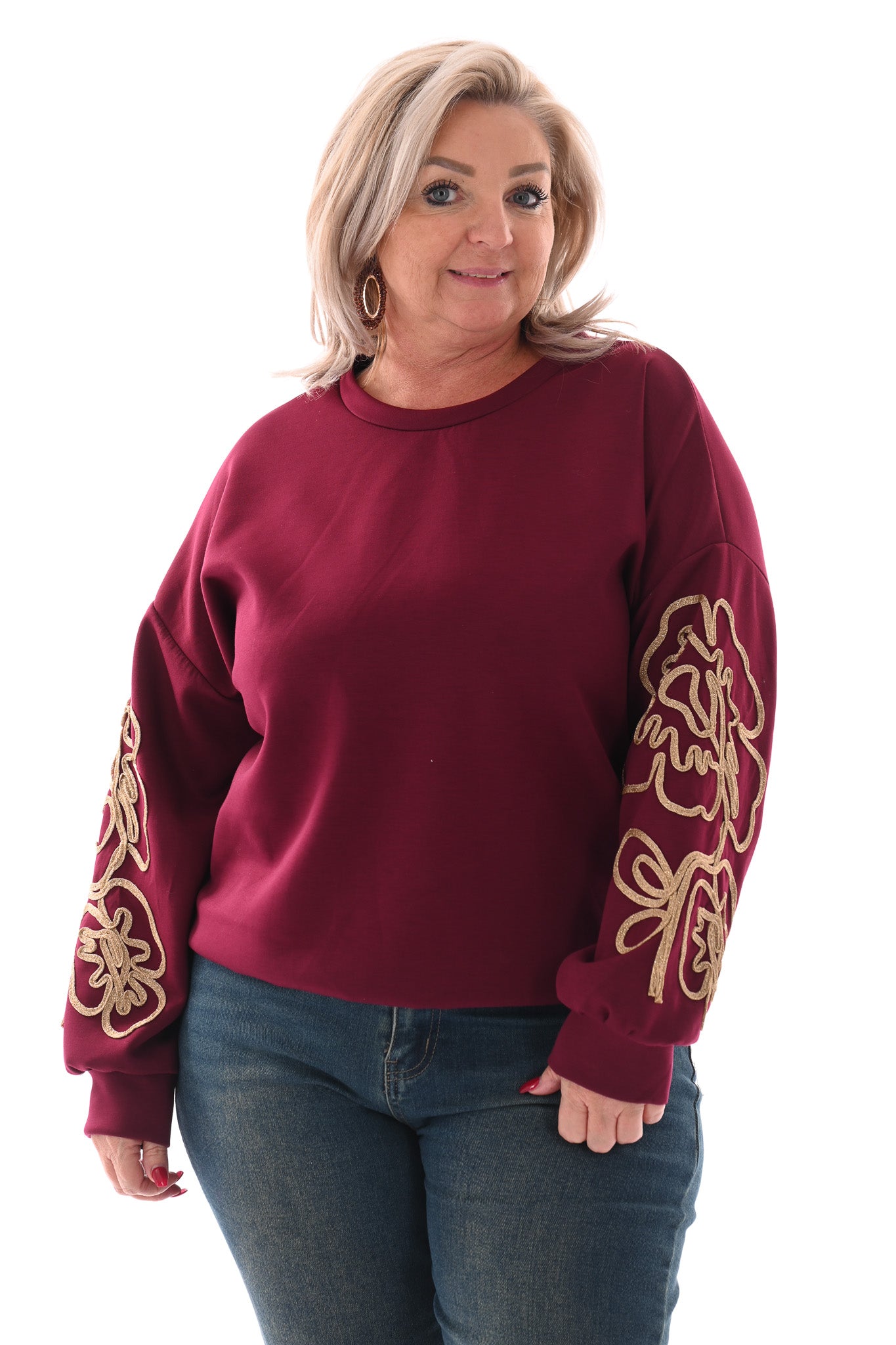 Trui met goude borduursel bordeaux