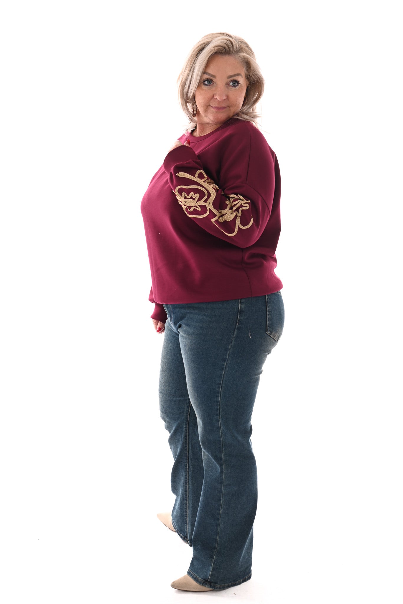 Trui met goude borduursel bordeaux