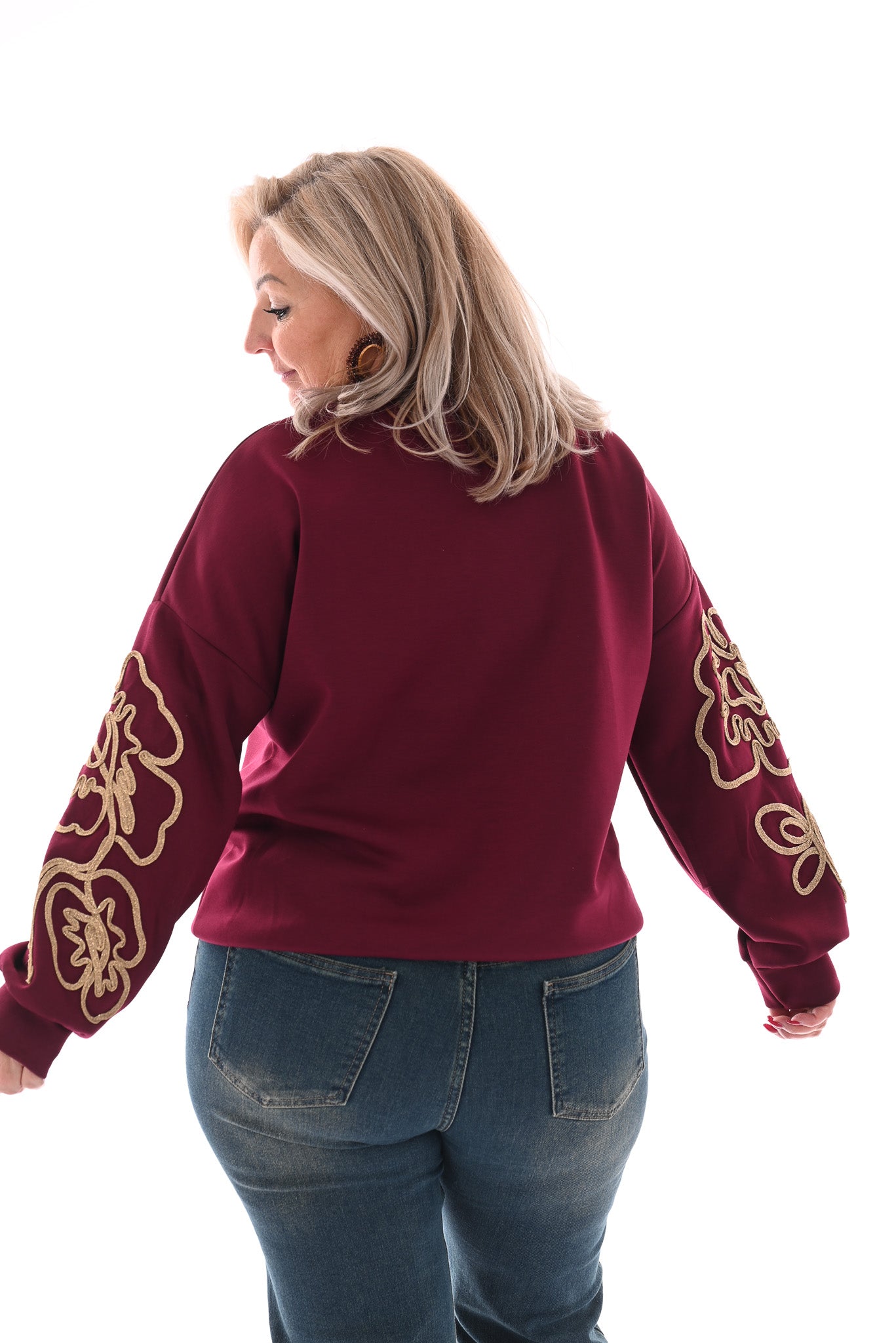 Trui met goude borduursel bordeaux
