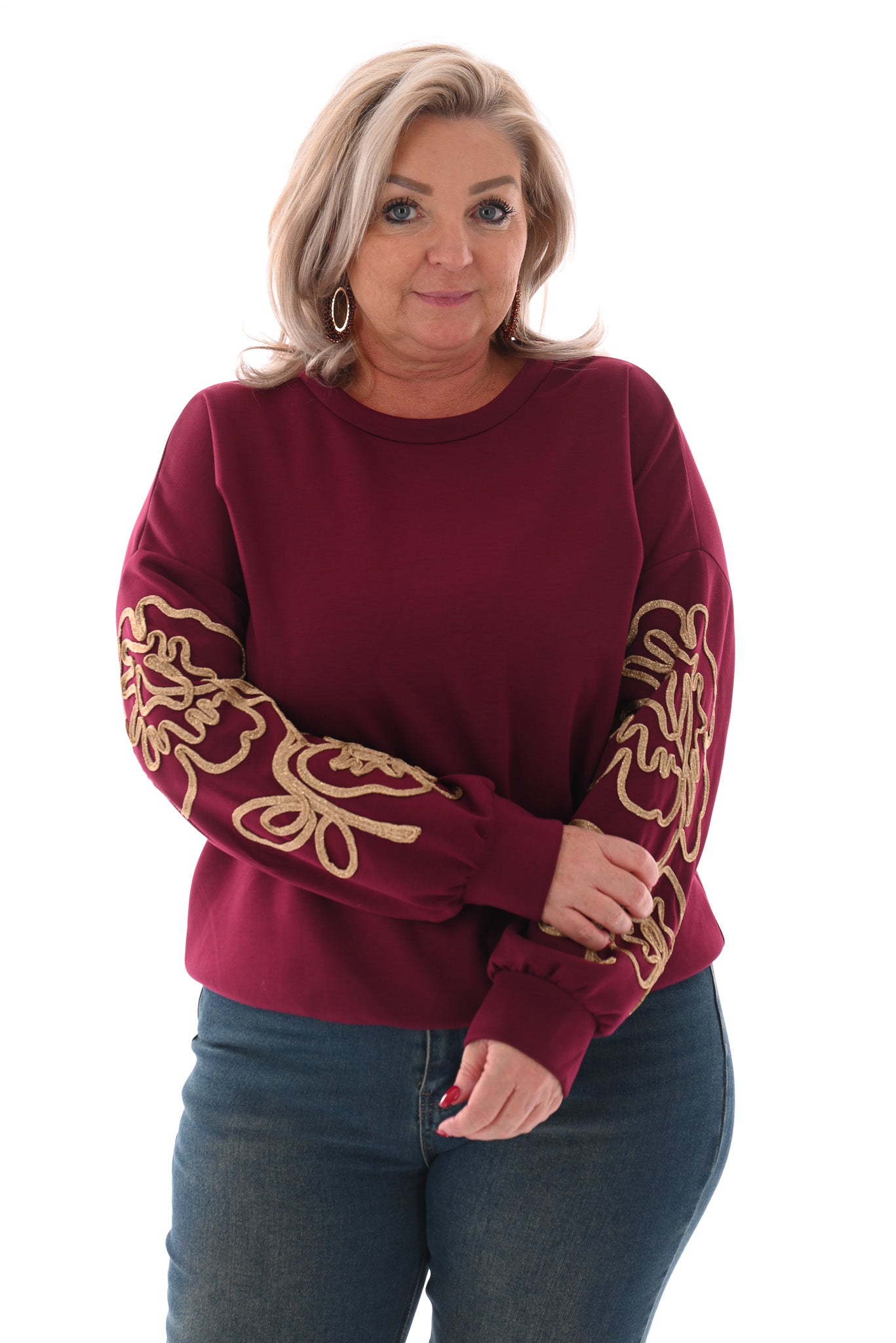 Trui met goude borduursel bordeaux