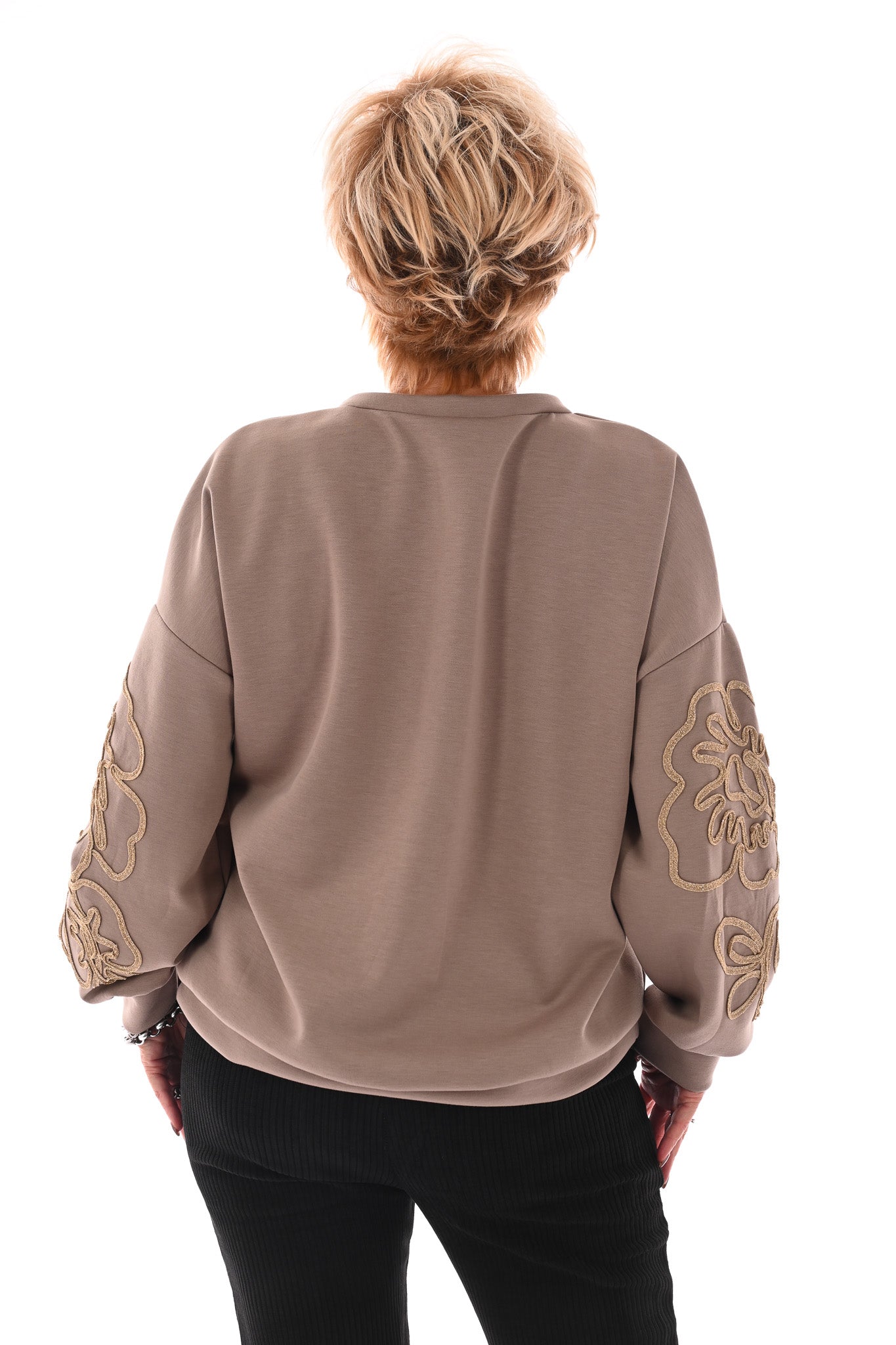 Trui met goude borduursel taupe