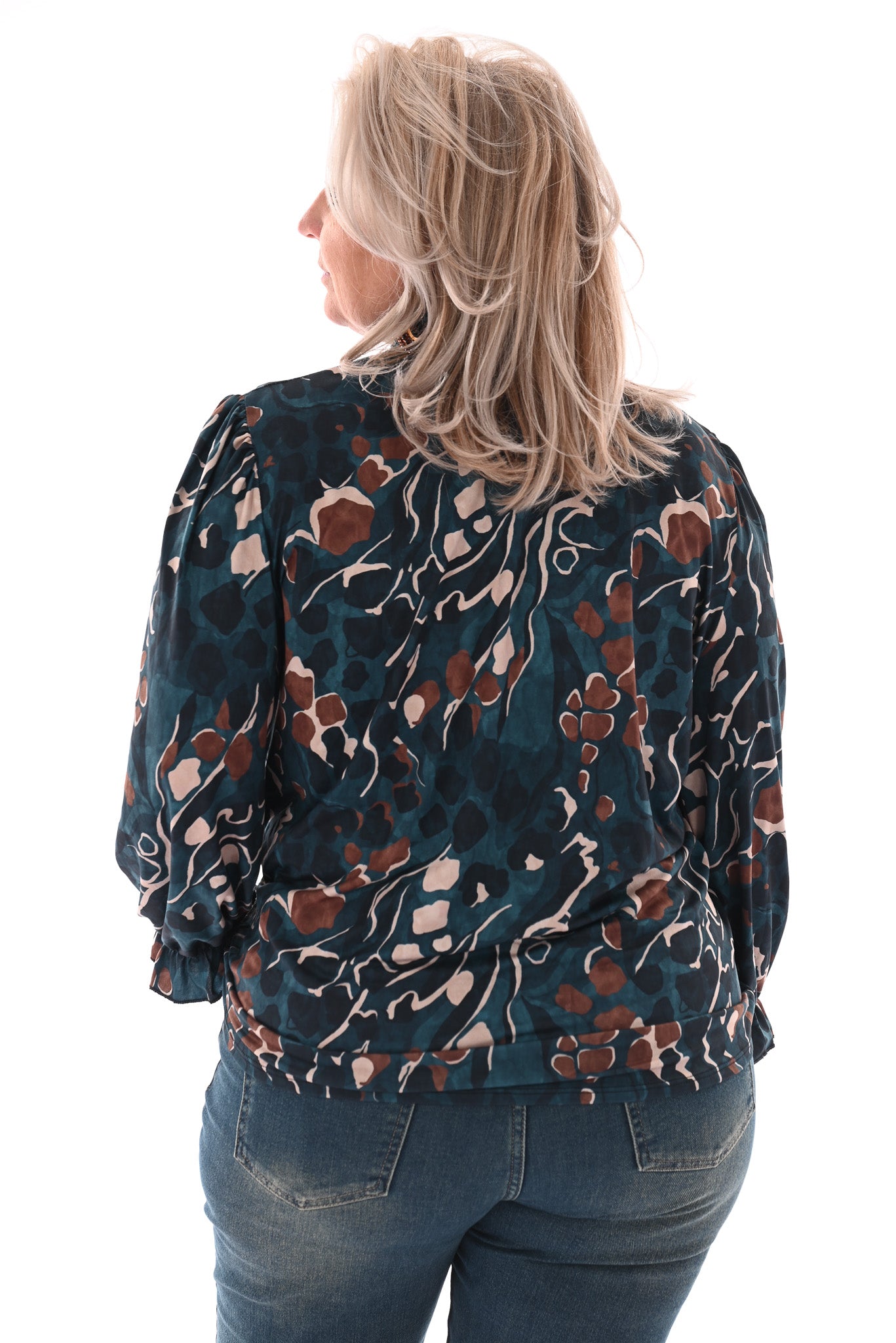 Blouse met smockkraag petrol/beige