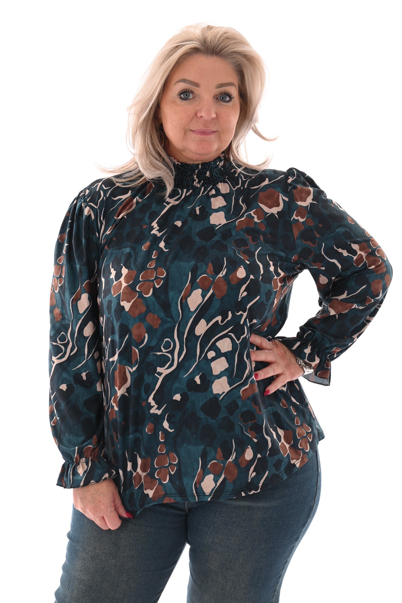 Blouse met smockkraag petrol/beige