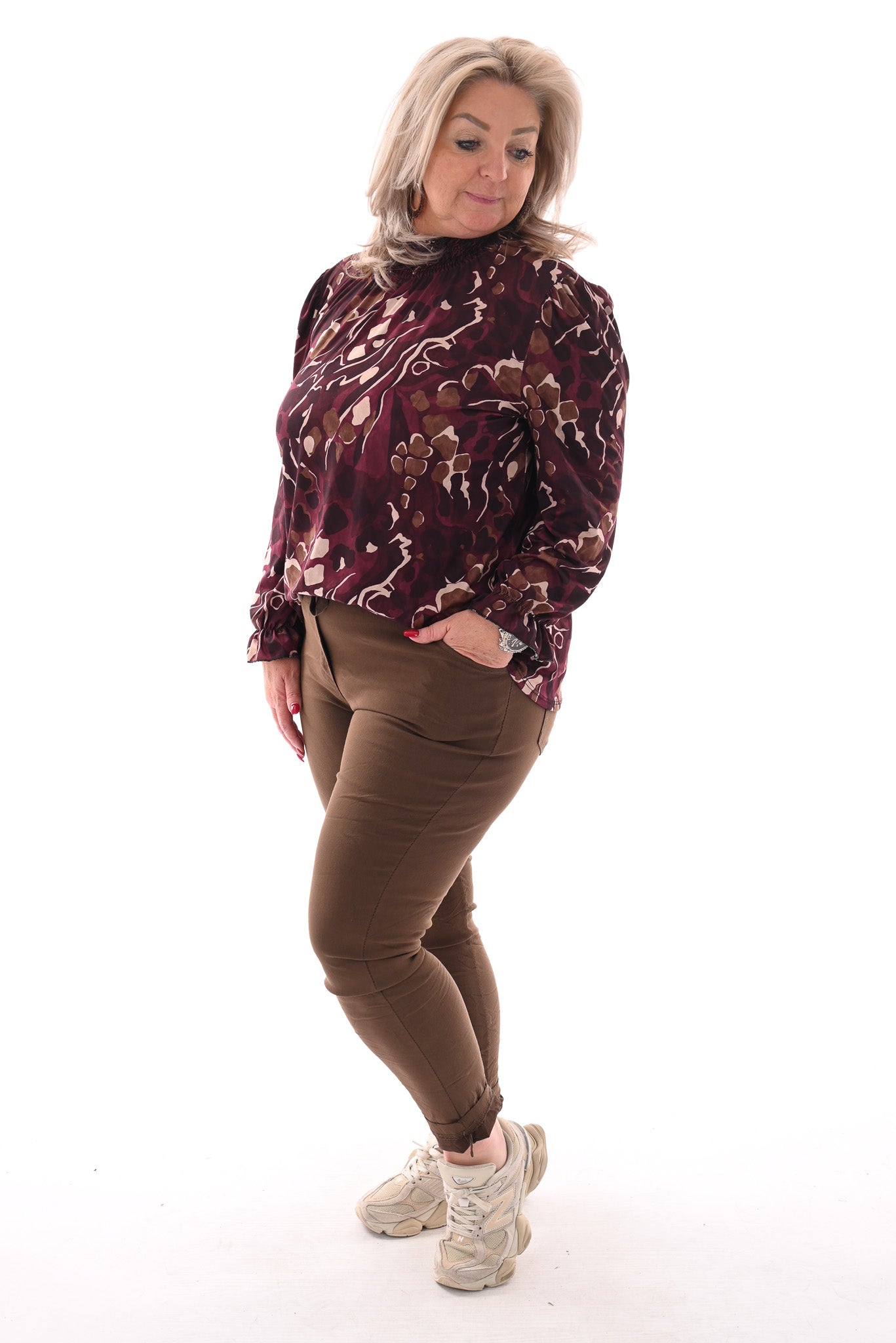 Blouse met smockkraag aubergine/beige