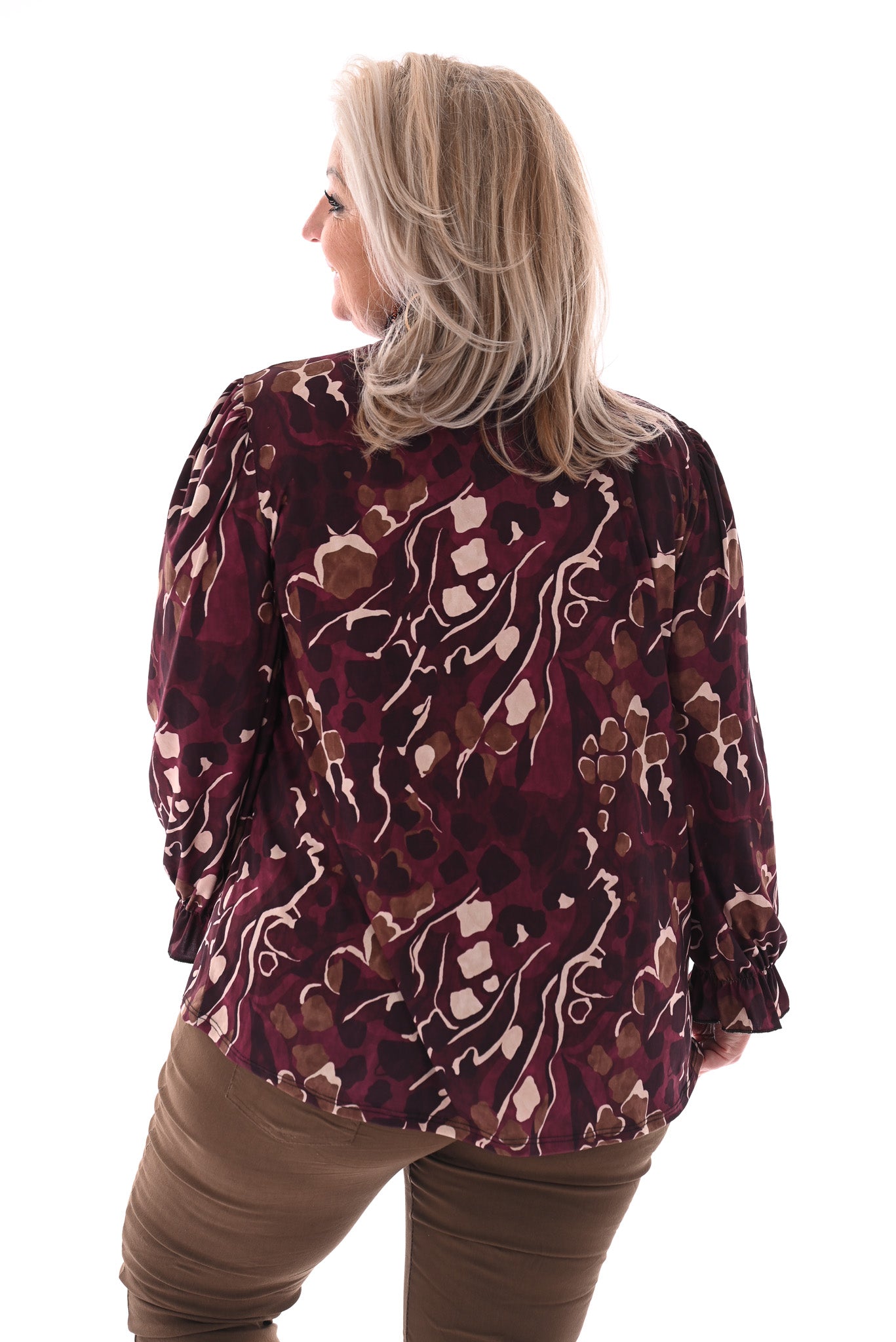 Blouse met smockkraag aubergine/beige