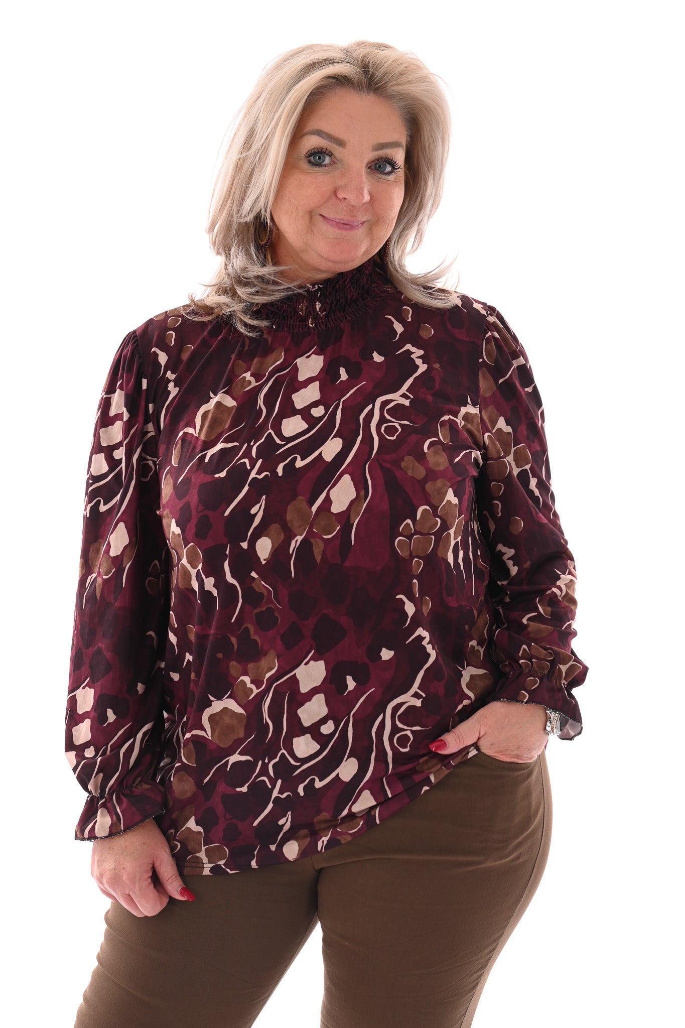 Blouse met smockkraag aubergine/beige