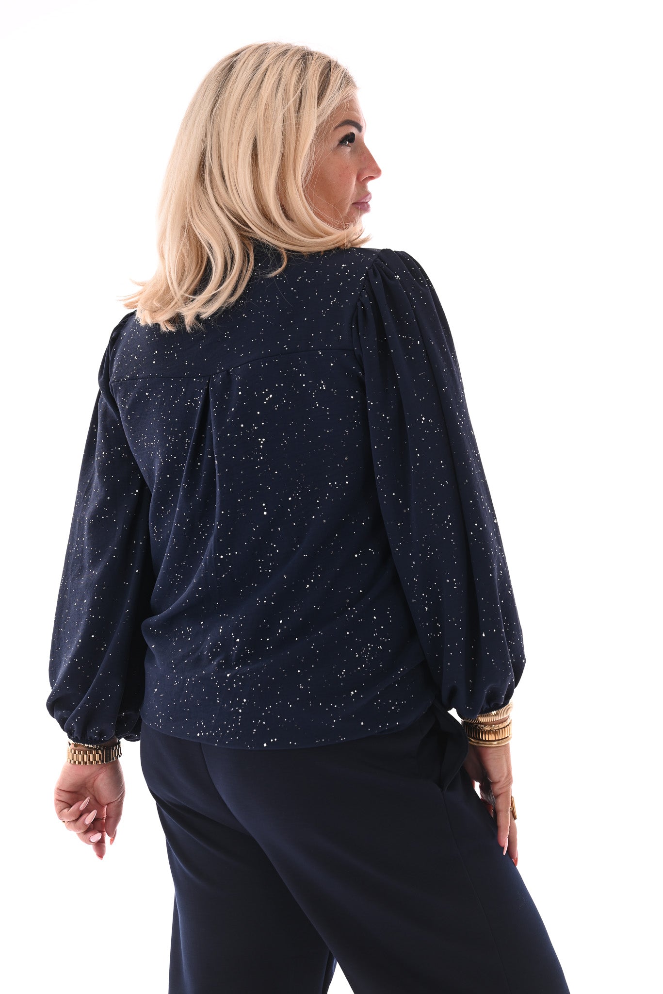Top lange mouwen v-hals glitter marineblauw