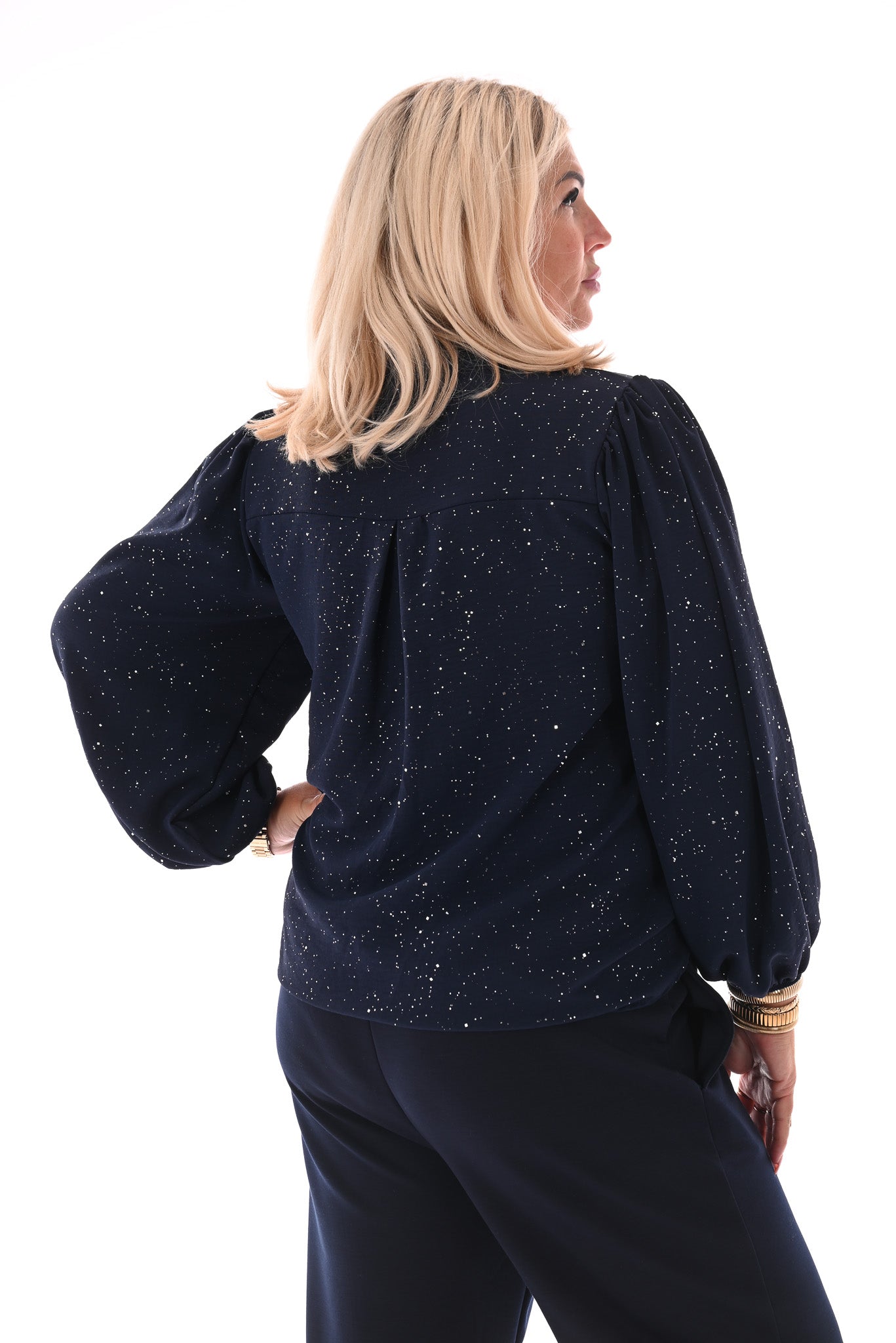 Top lange mouwen v-hals glitter marineblauw