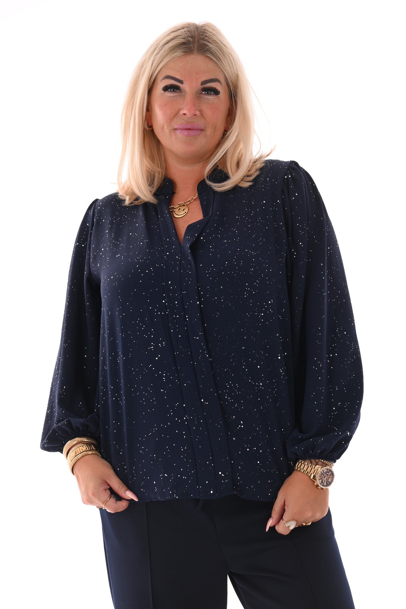 Top lange mouwen v-hals glitter marineblauw