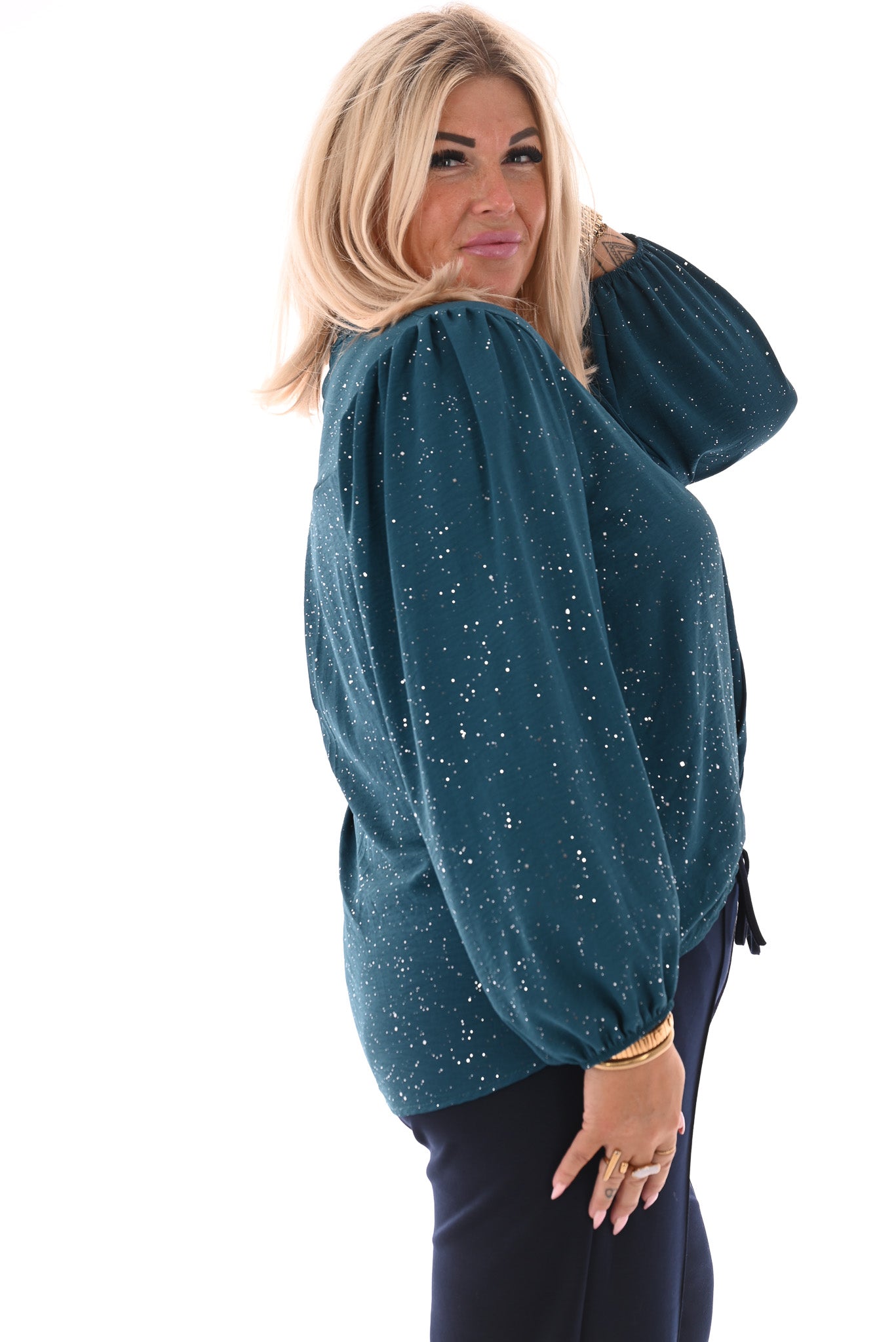 Top lange mouwen v-hals glitter petrol