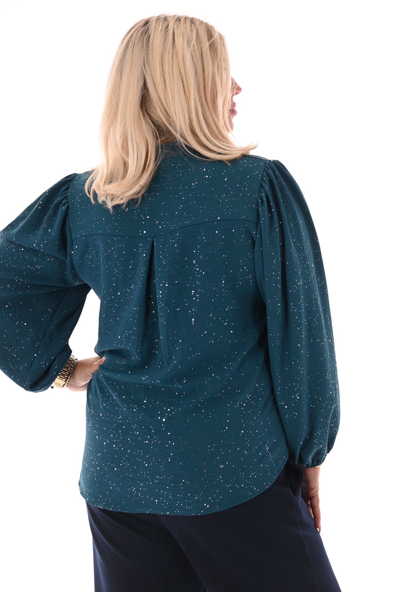 Top lange mouwen v-hals glitter petrol