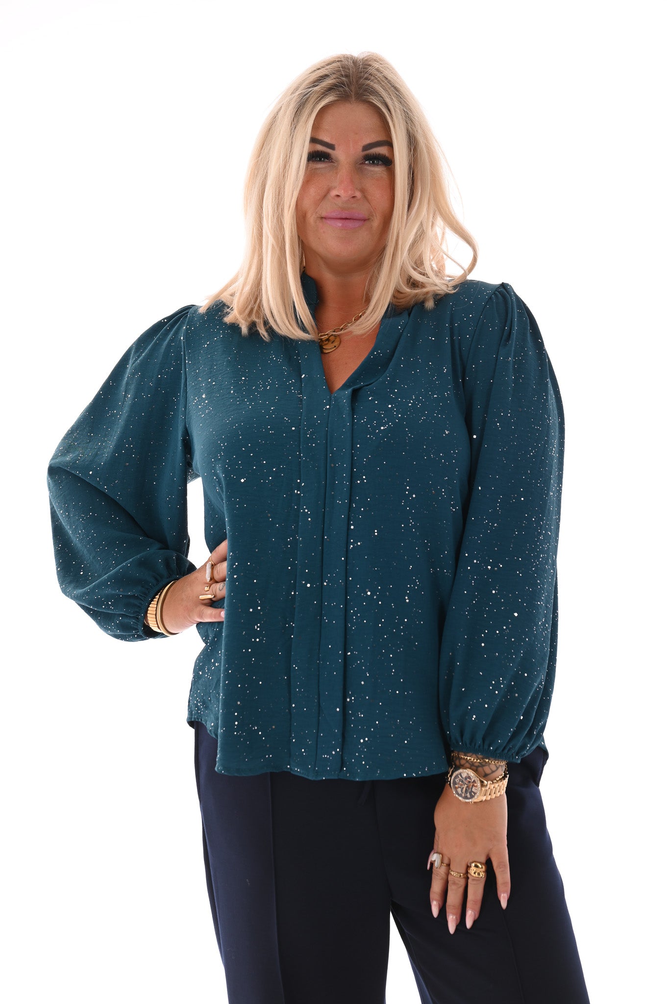 Top lange mouwen v-hals glitter petrol