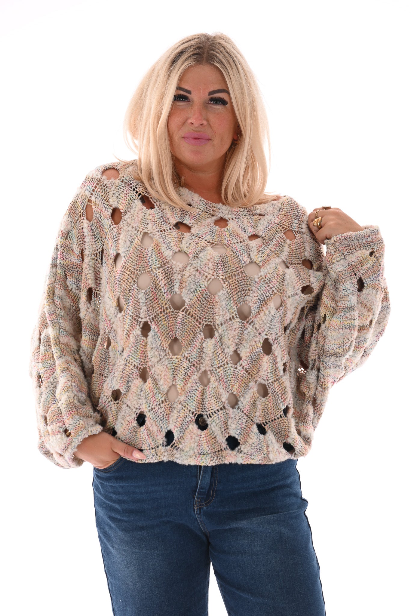Open gehaakt grof gebreide trui beige