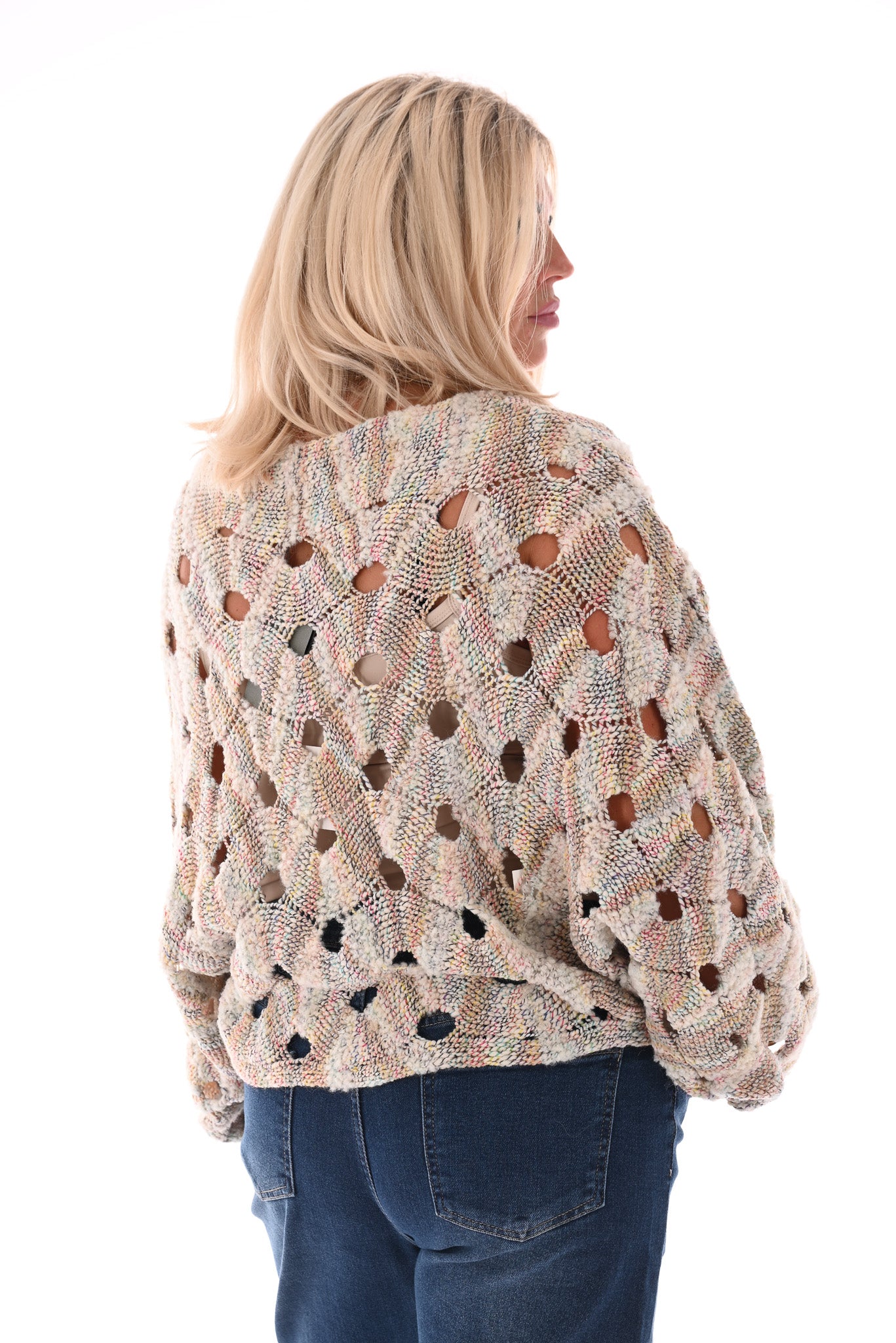 Open gehaakt grof gebreide trui beige