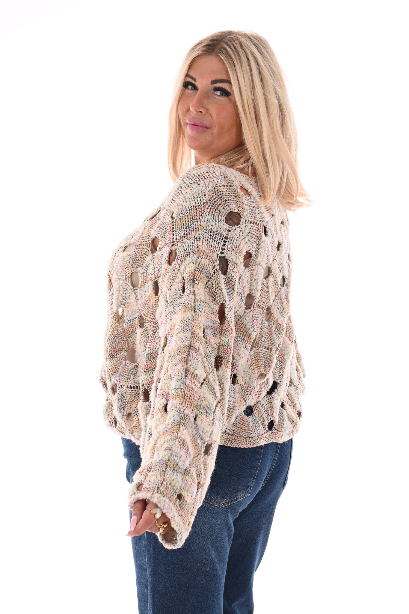 Open gehaakt grof gebreide trui beige