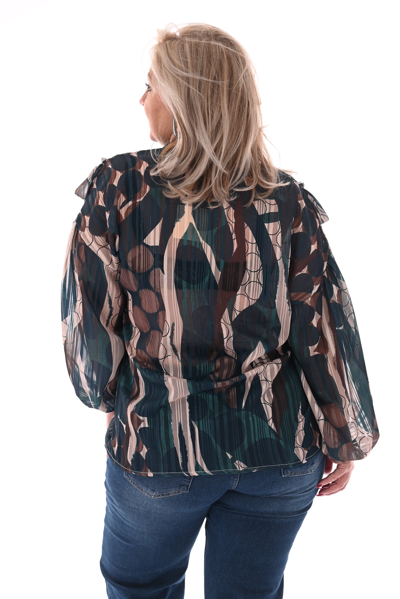 Blouse cirkels met ruffles petrol/bruin