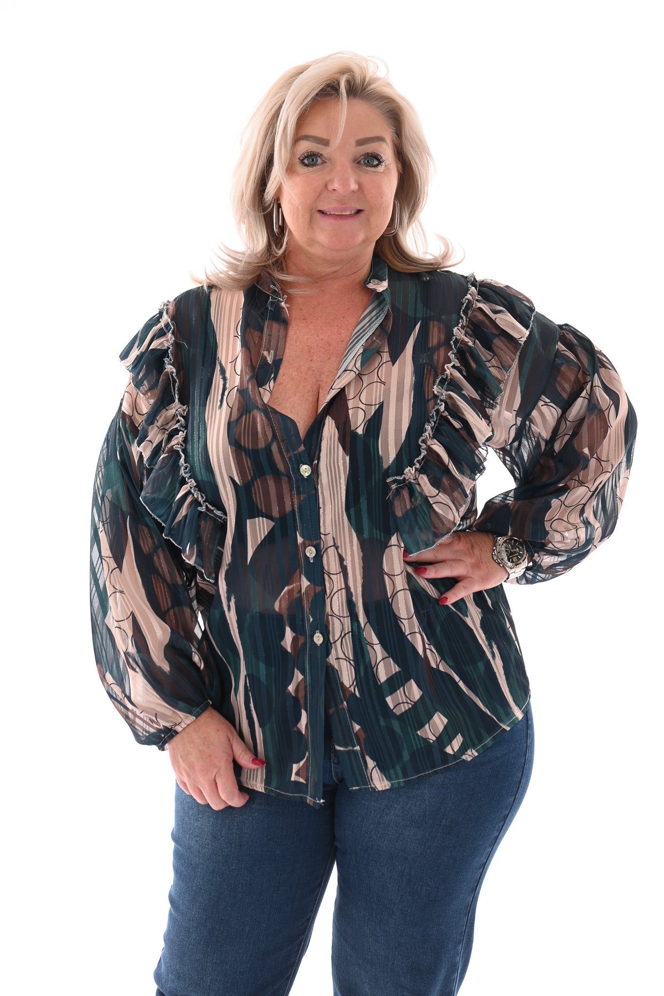 Blouse cirkels met ruffles petrol/bruin