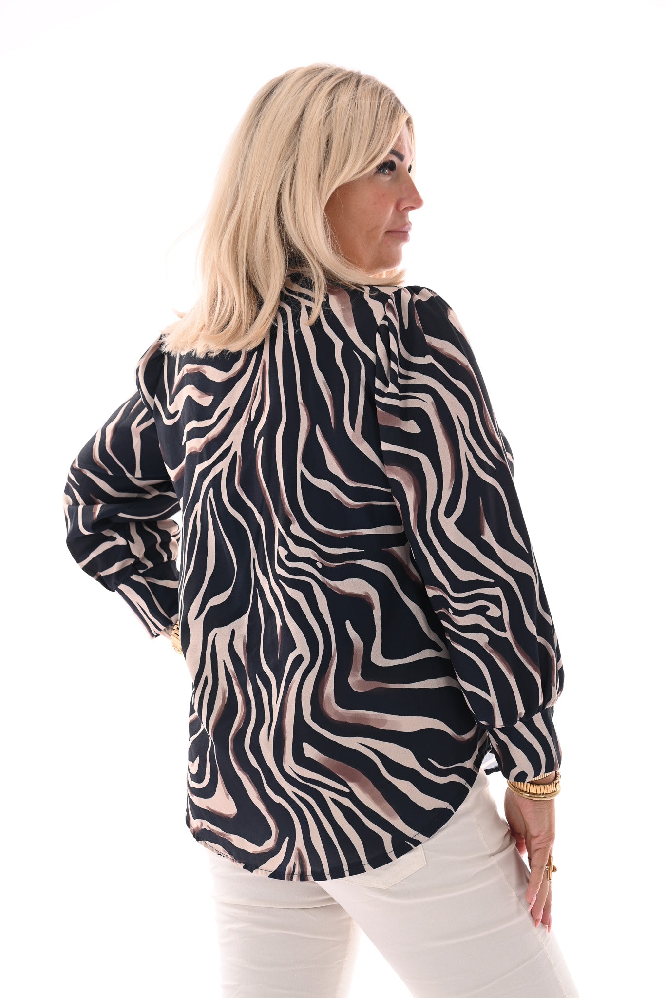 Top v-hals met print strepen marineblauw