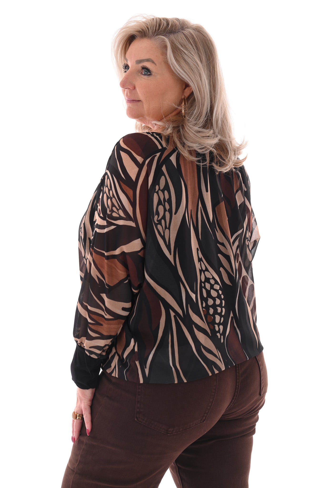Ballon top print bladeren zwart