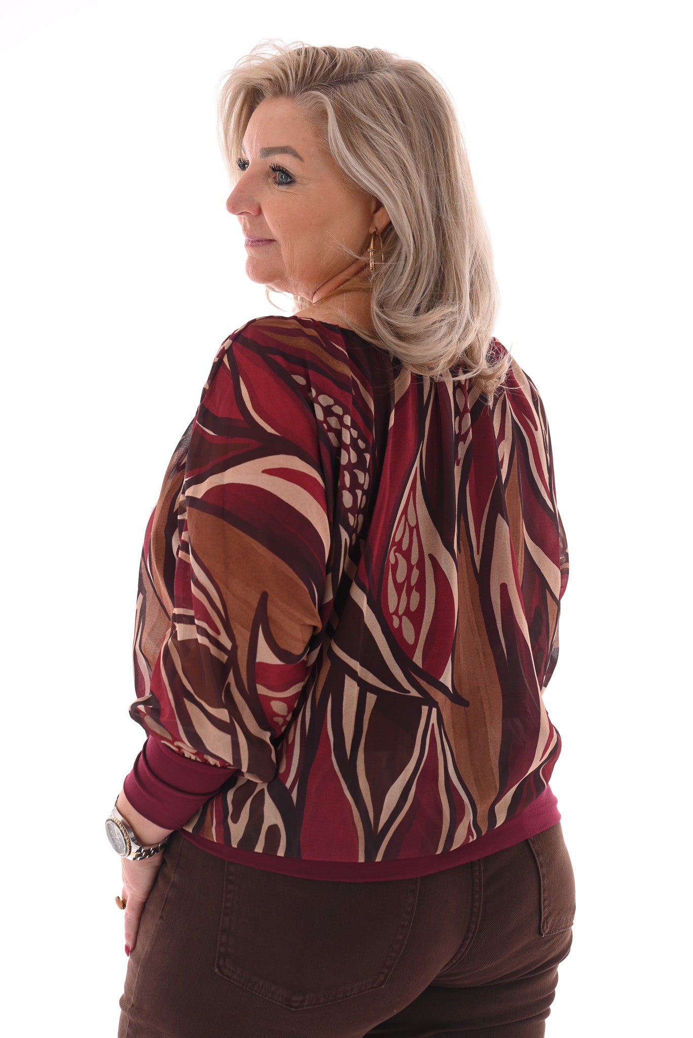 Ballon top print bladeren bordeaux