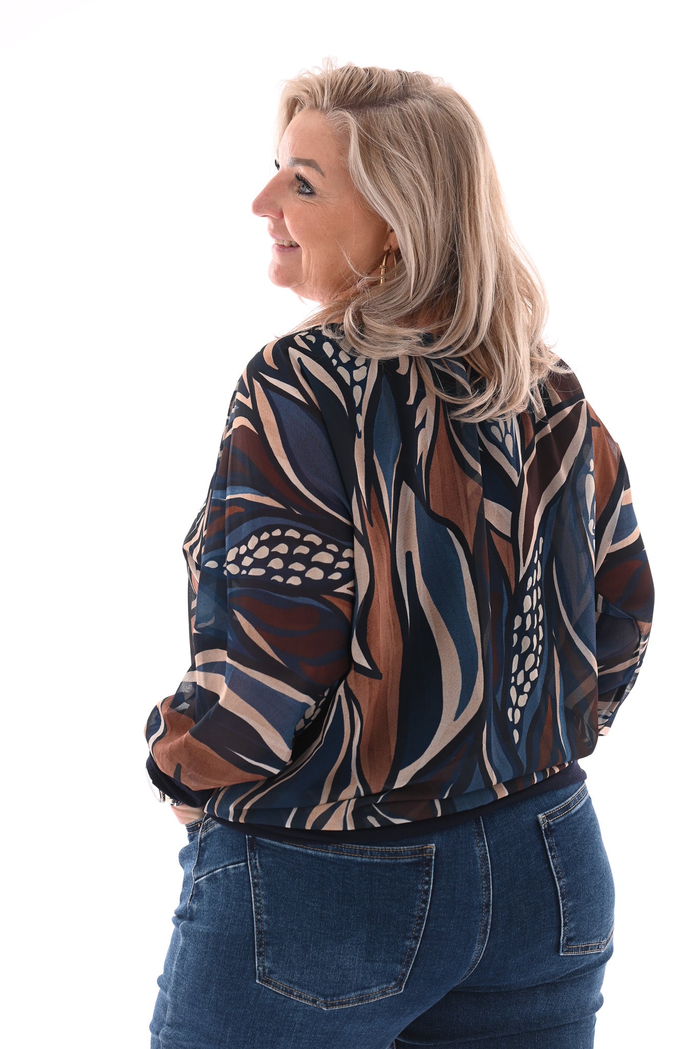 Ballon top print bladeren marineblauw