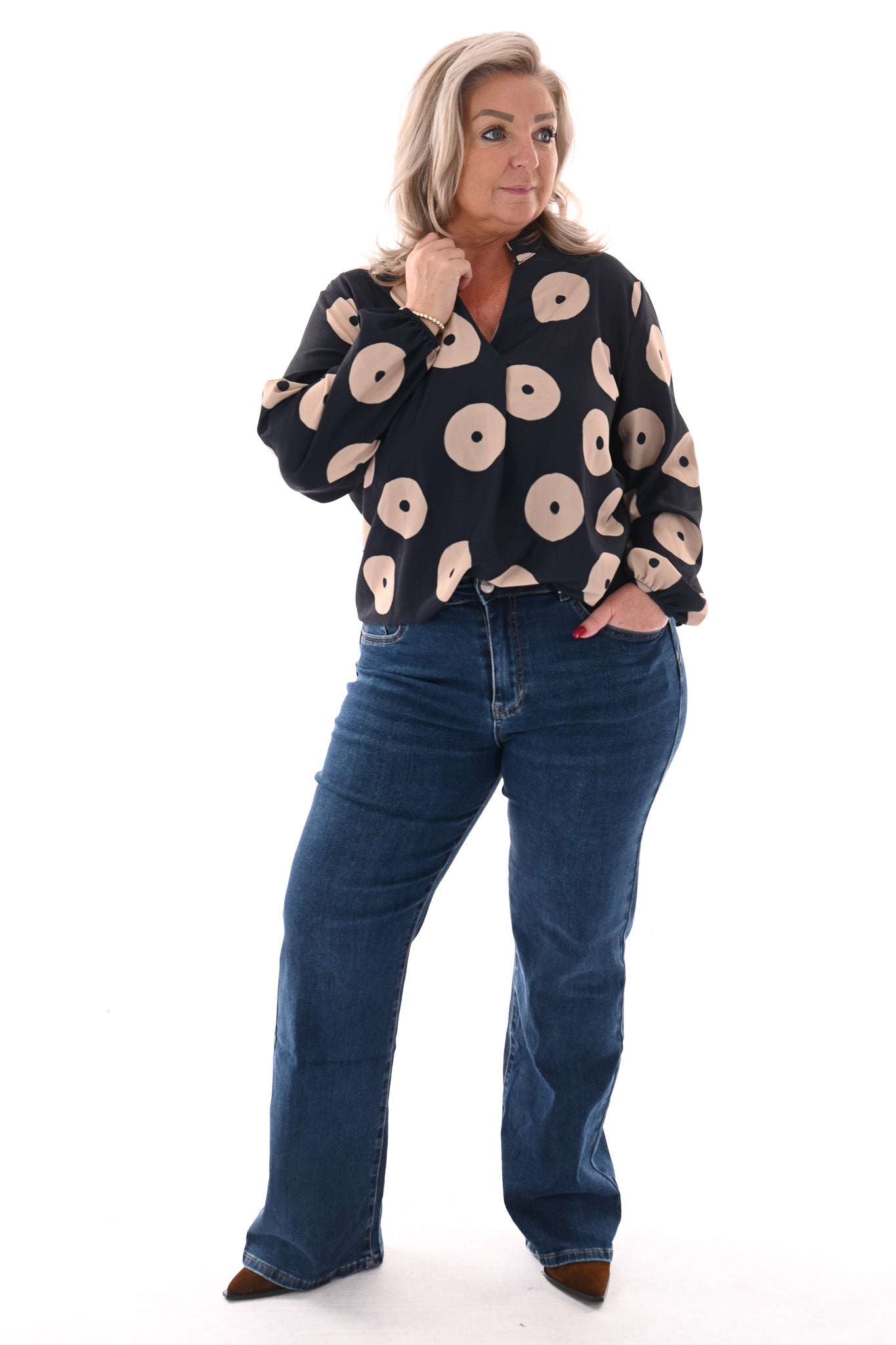 Top v-hals cirkels lange mouwen marineblauw