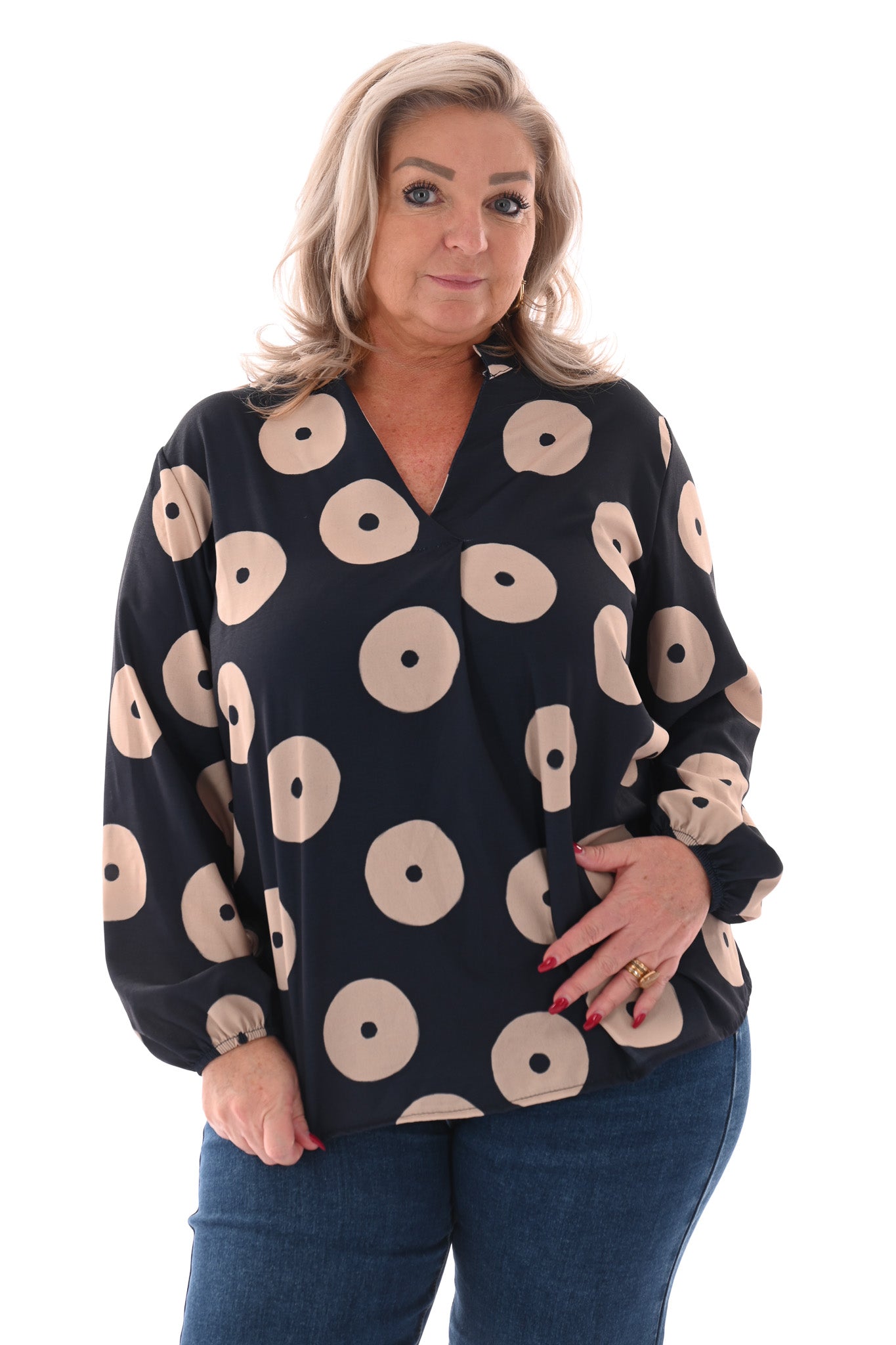 Top v-hals cirkels lange mouwen marineblauw
