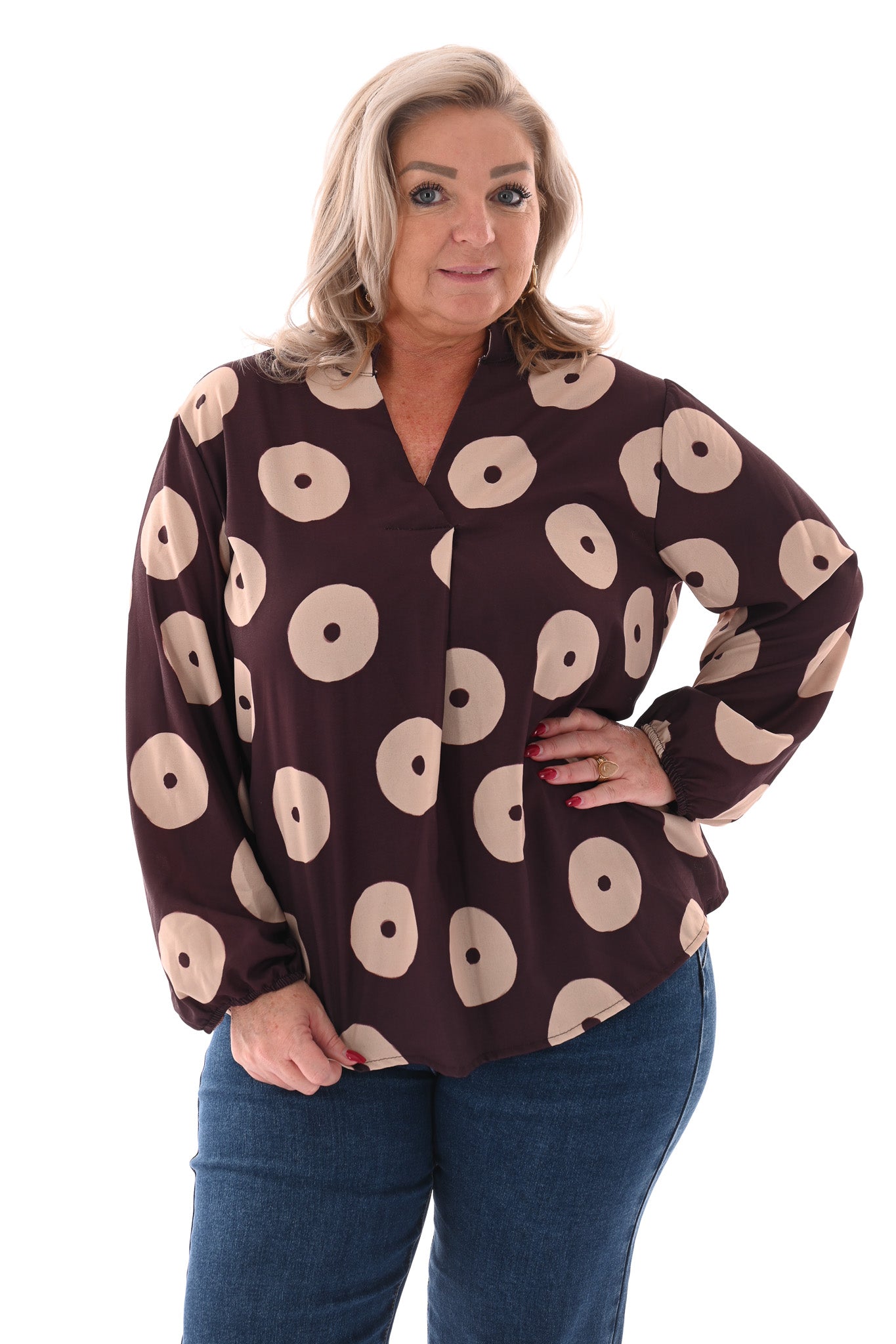 Top v-hals cirkels lange mouwen aubergine