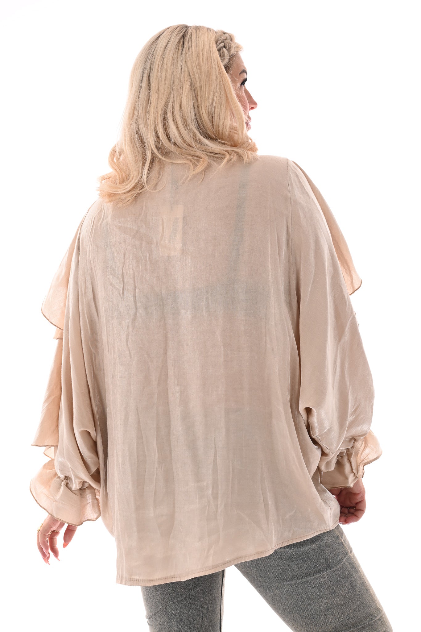 Blouse shine met roezels beige