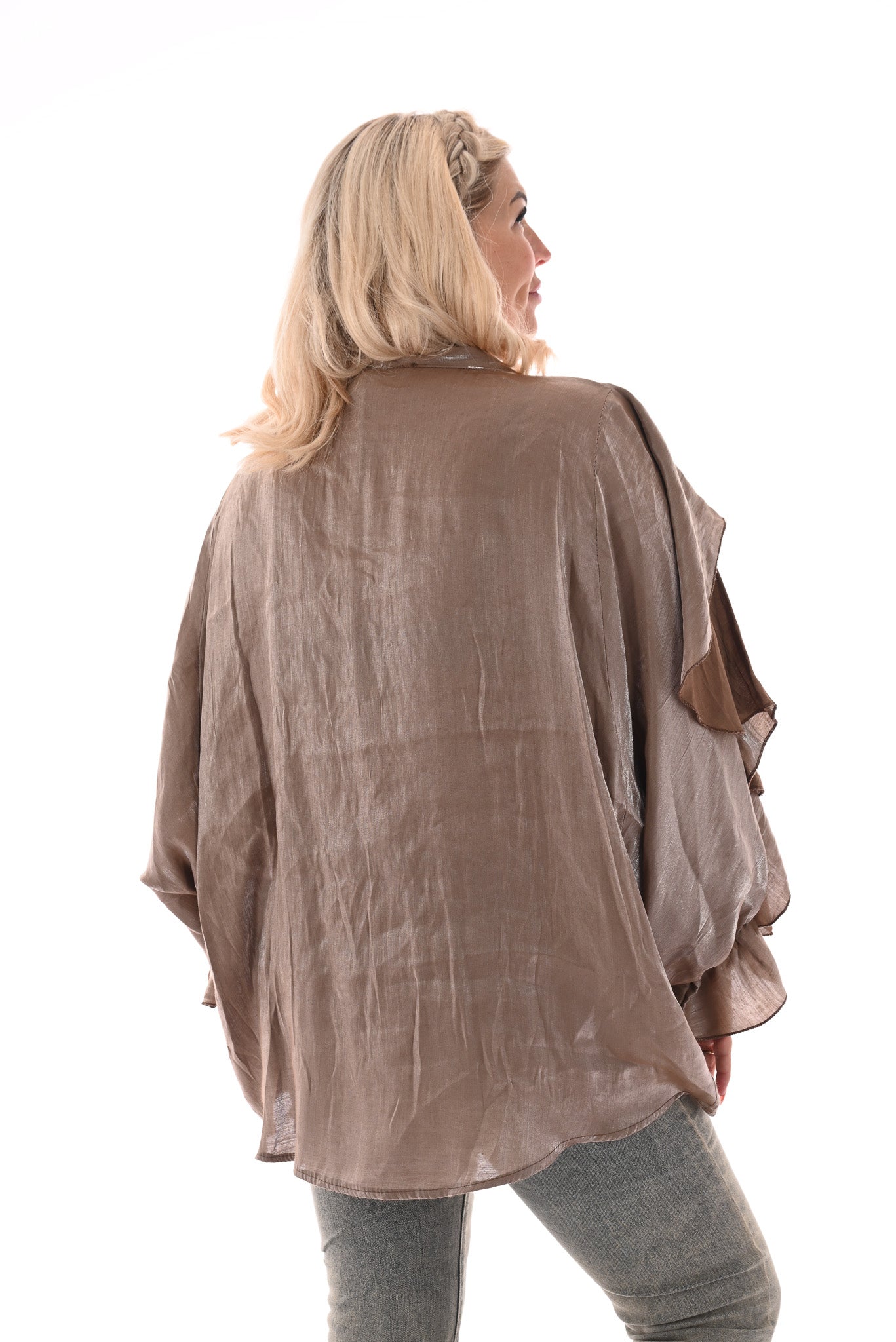 Blouse shine met roezels lichtbruin