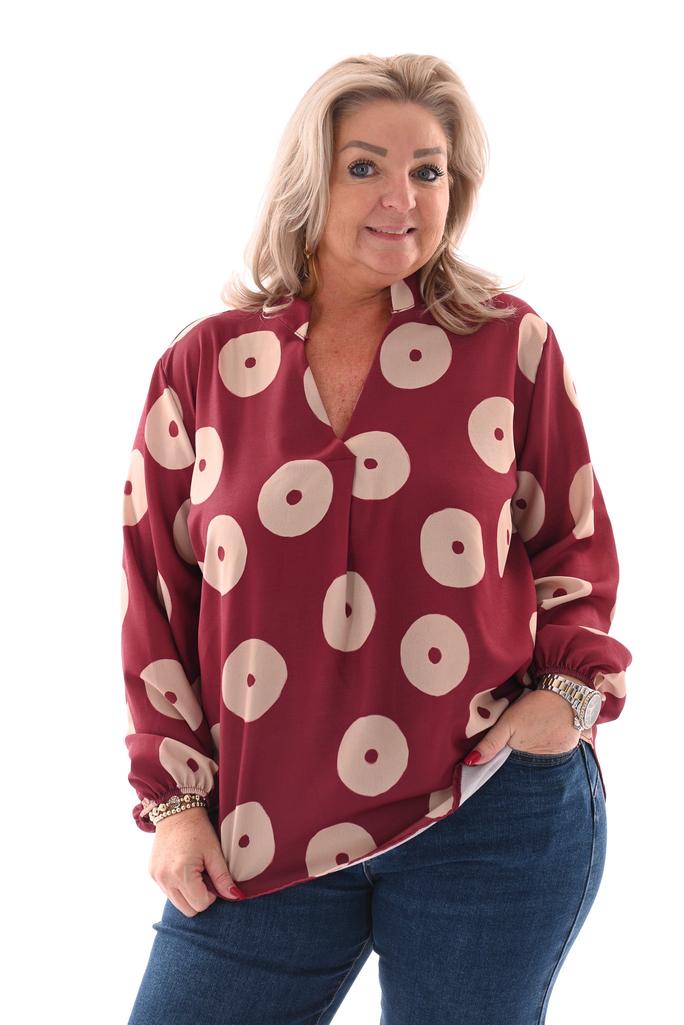 Top v-hals cirkels lange mouwen bordeaux