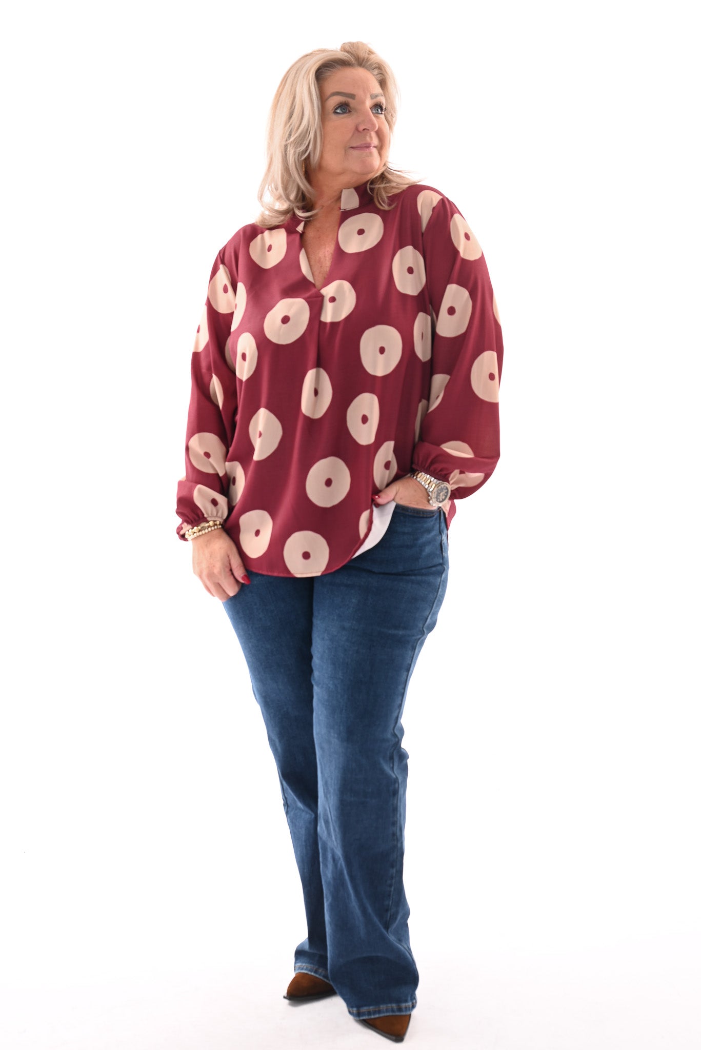 Top v-hals cirkels lange mouwen bordeaux