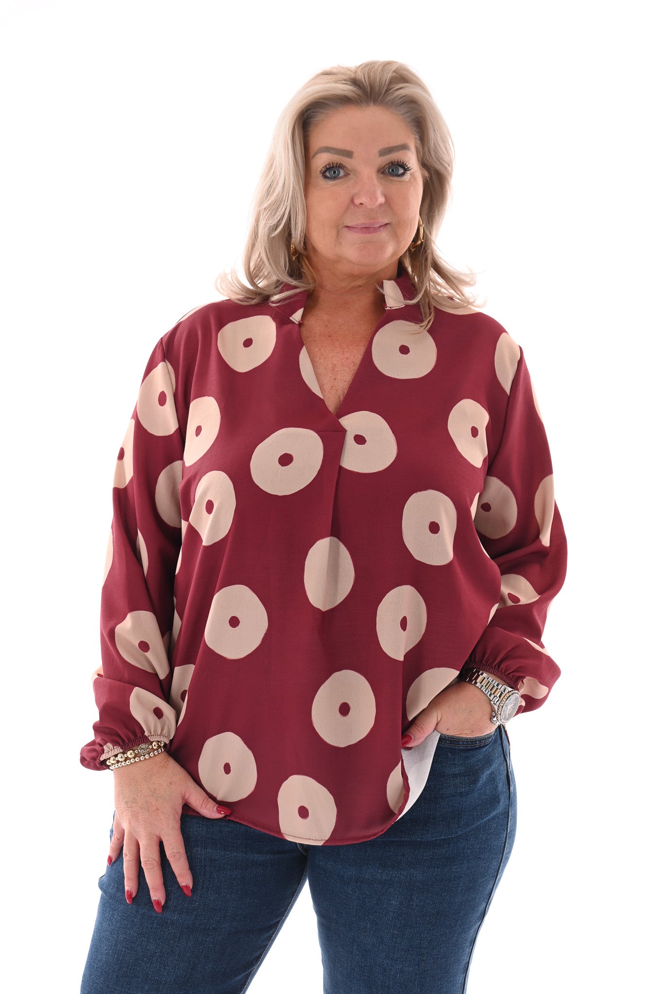 Top v-hals cirkels lange mouwen bordeaux