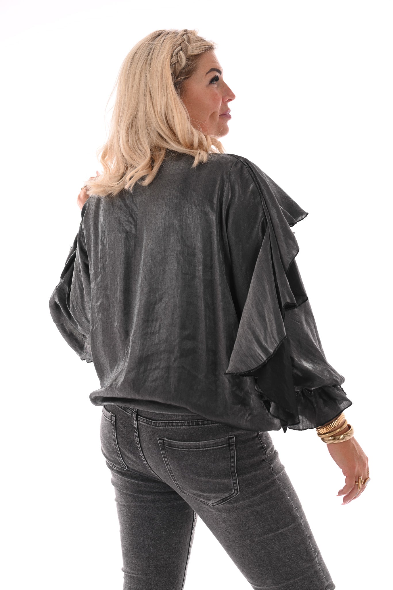 Blouse shine met roezels antraciet