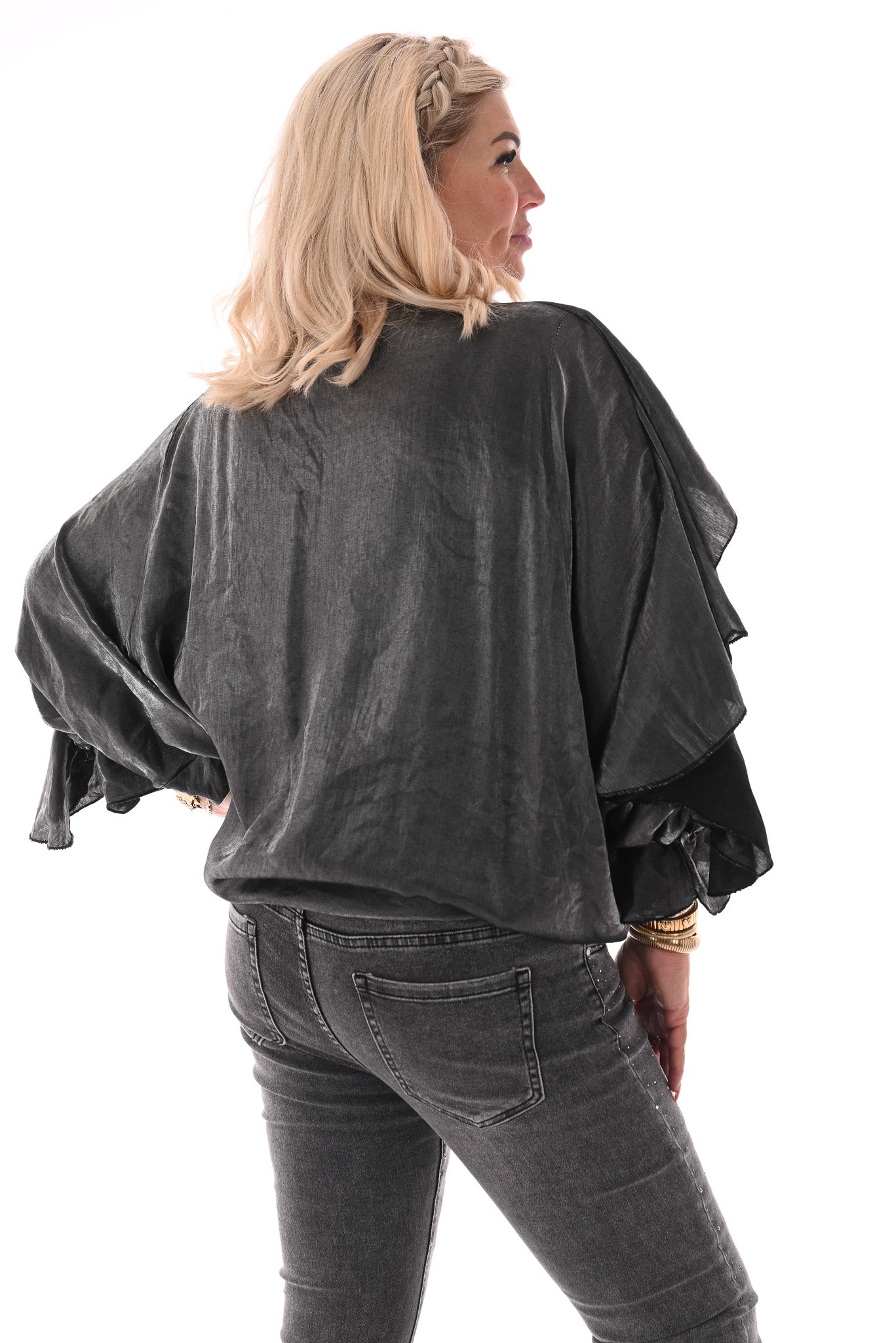 Blouse shine met roezels antraciet