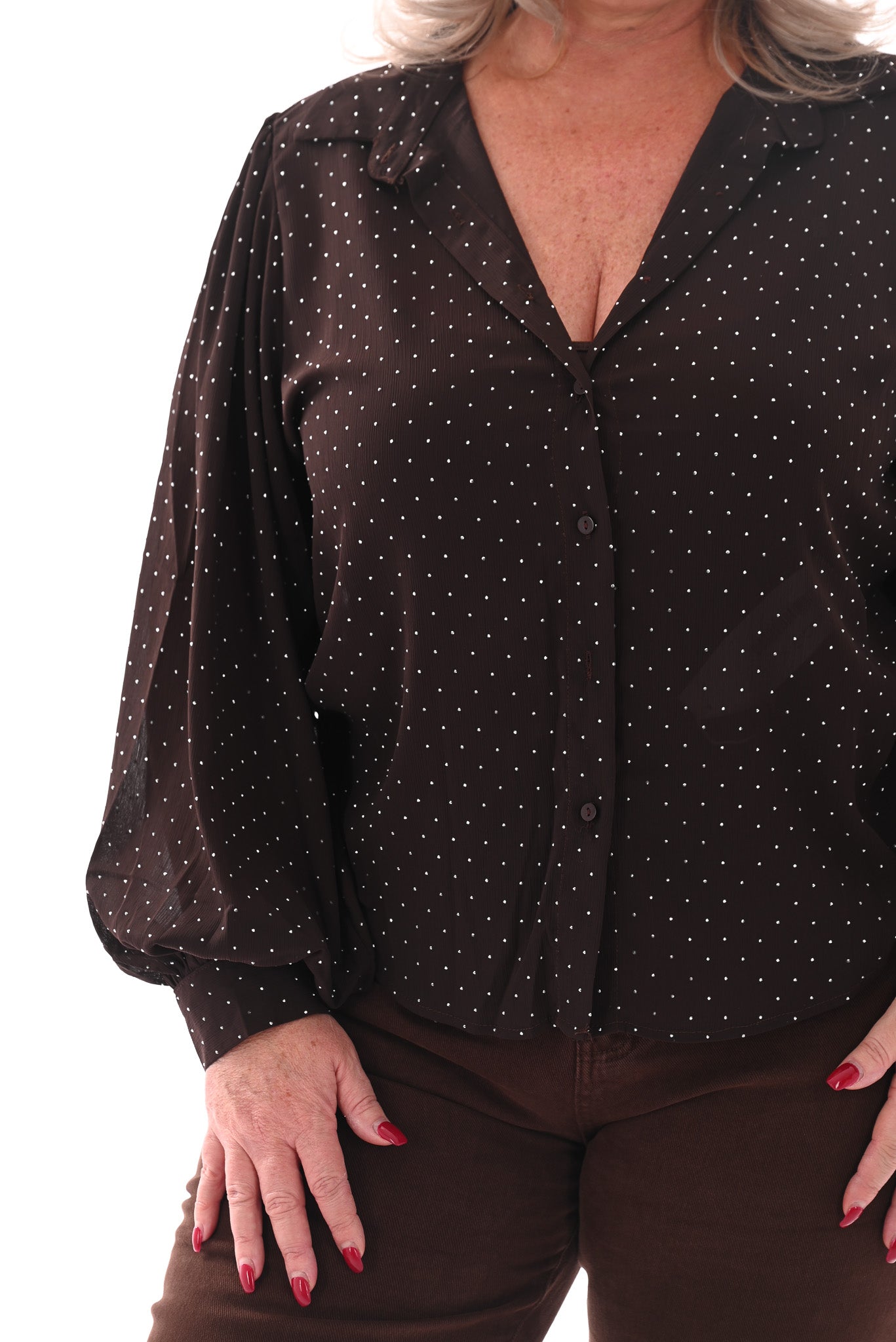Blouse met strass steentjes donkerbruin