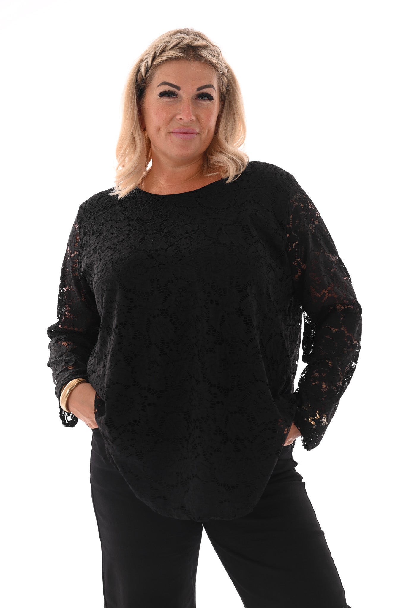 Top met kant ronde hals zwart