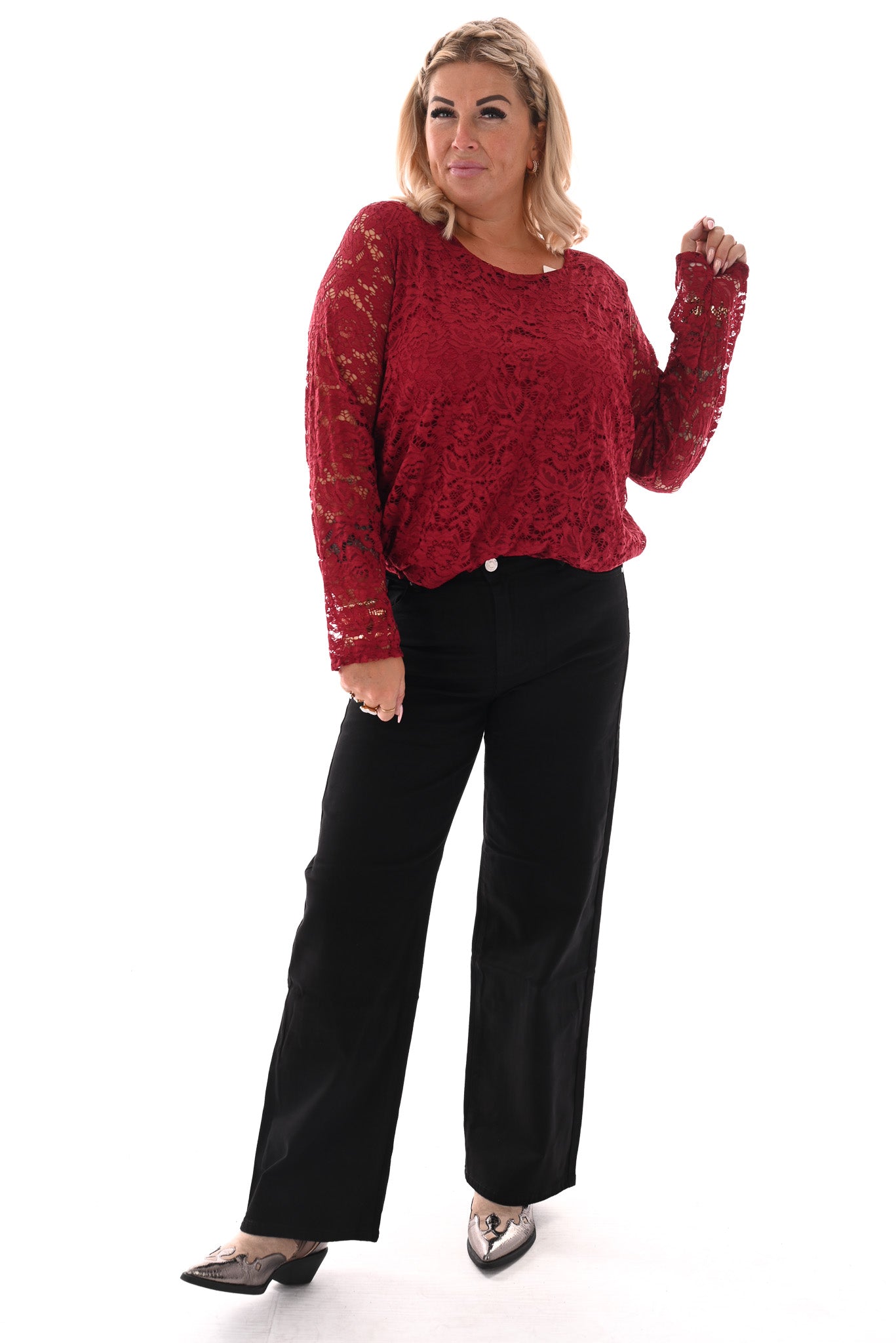 Top met kant ronde hals bordeaux