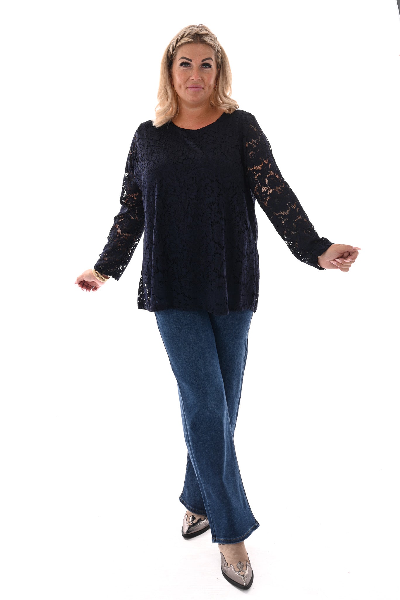 Top met kant ronde hals marineblauw