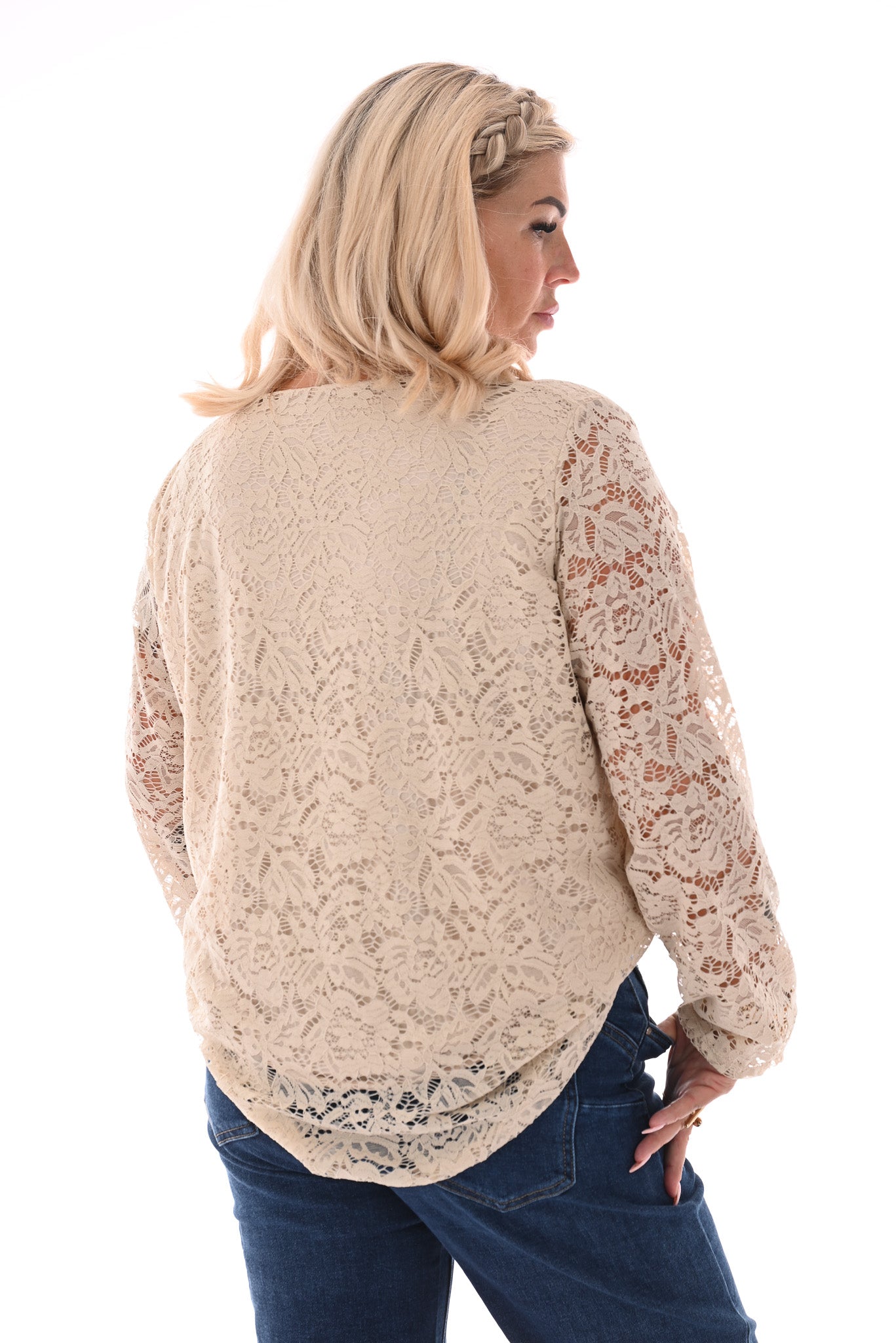 Top met kant ronde hals beige