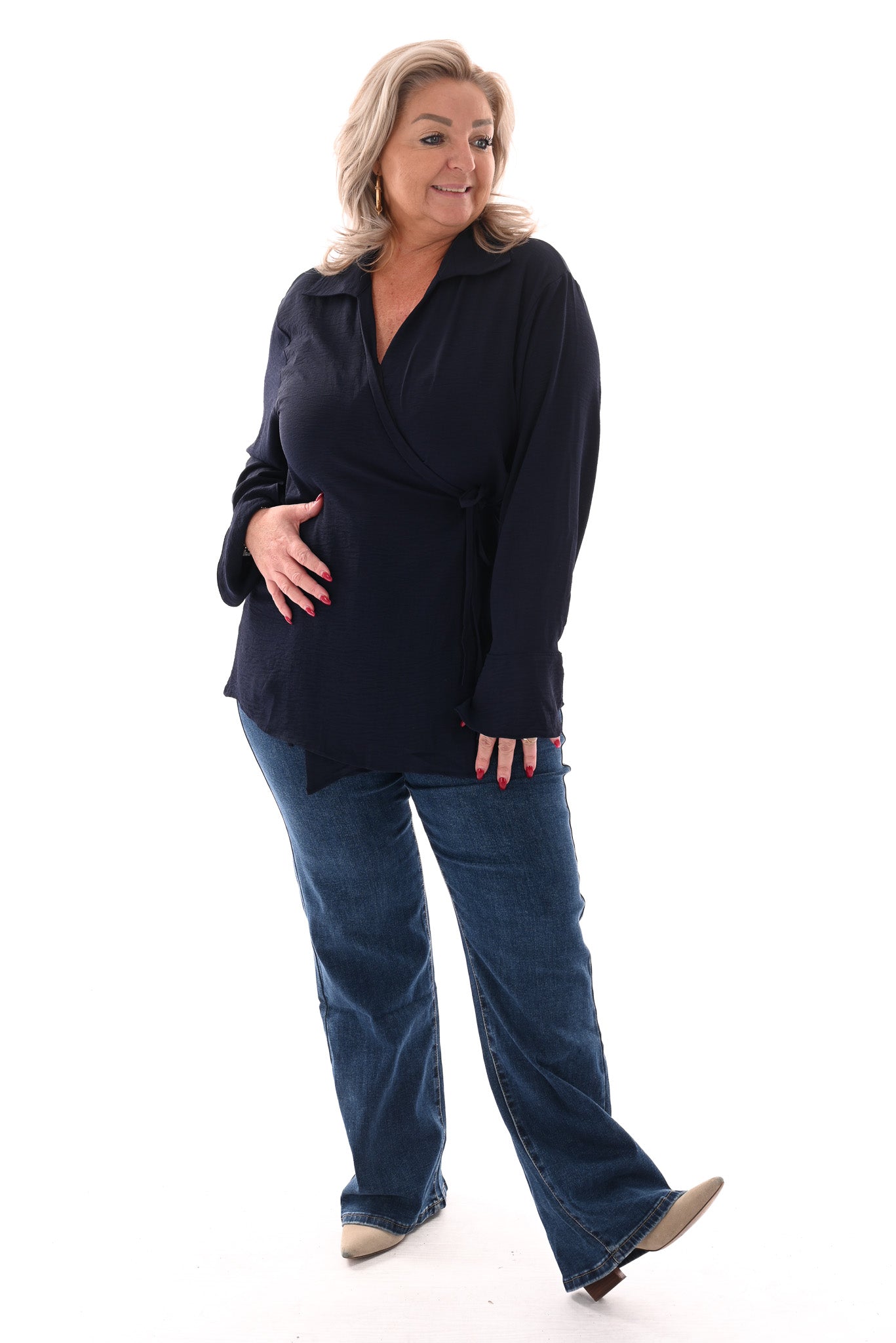 Top overslag trompetmouwen uni marineblauw